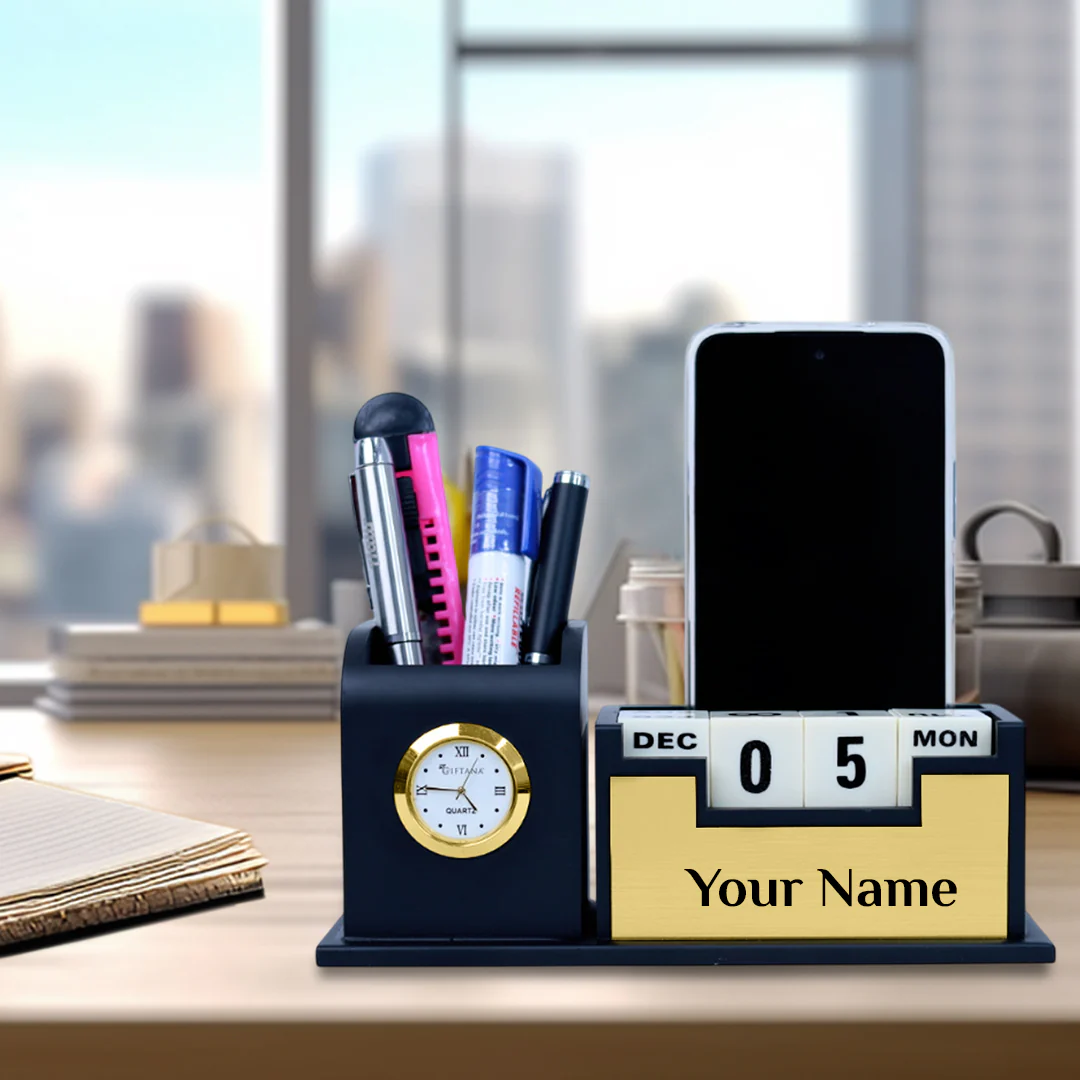 Nuevo Emporium Engraved Desk Clock & Pen Set (Black) | Personalized Premium Corporate Gift - Image 2