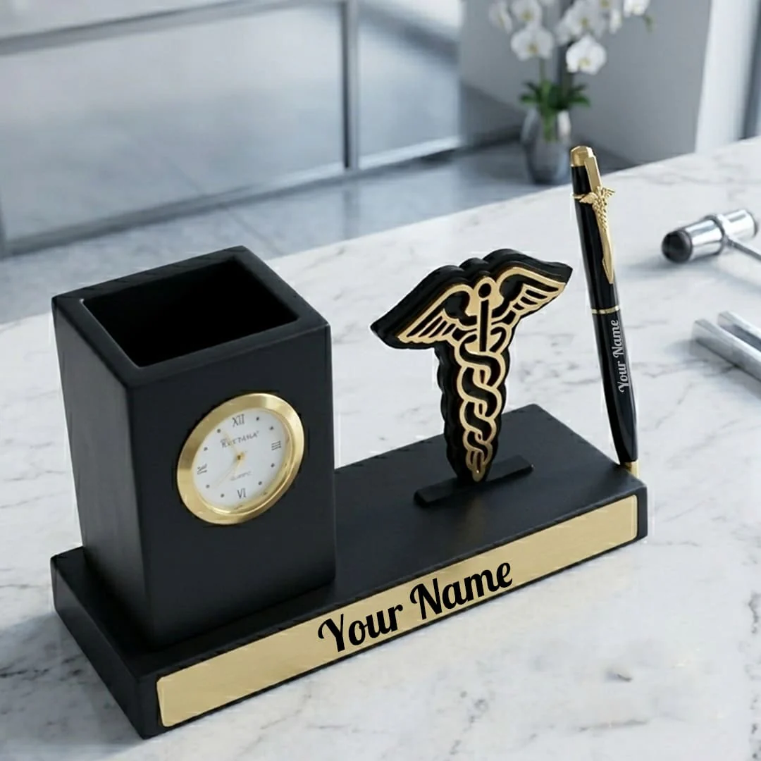 Nuevo Emporium Personalized Gift for Doctors | Desk Organizer with Pen Stand & Clock Set - Image 1
