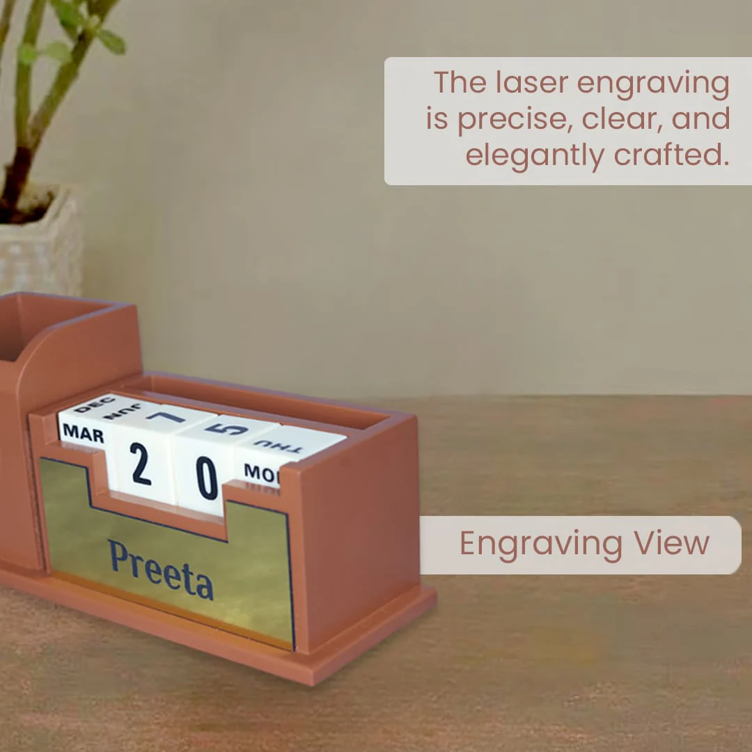 Nuevo Emporium Engraved Desk Clock & Pen Set (Brown) | Personalized Premium Corporate Gift - Image 4
