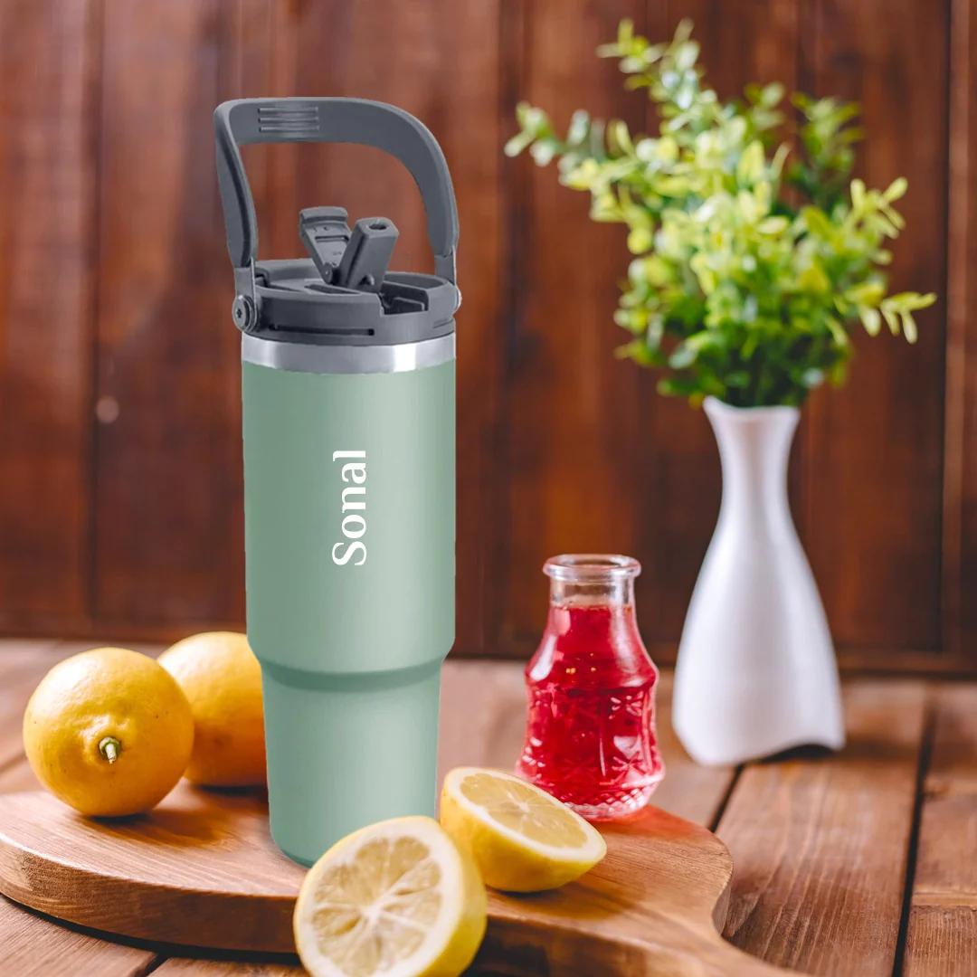 Nuevo Emporium Personalized Travel Sipper Tumbler (Green) | Stainless Steel Insulated Bottle - Image 2