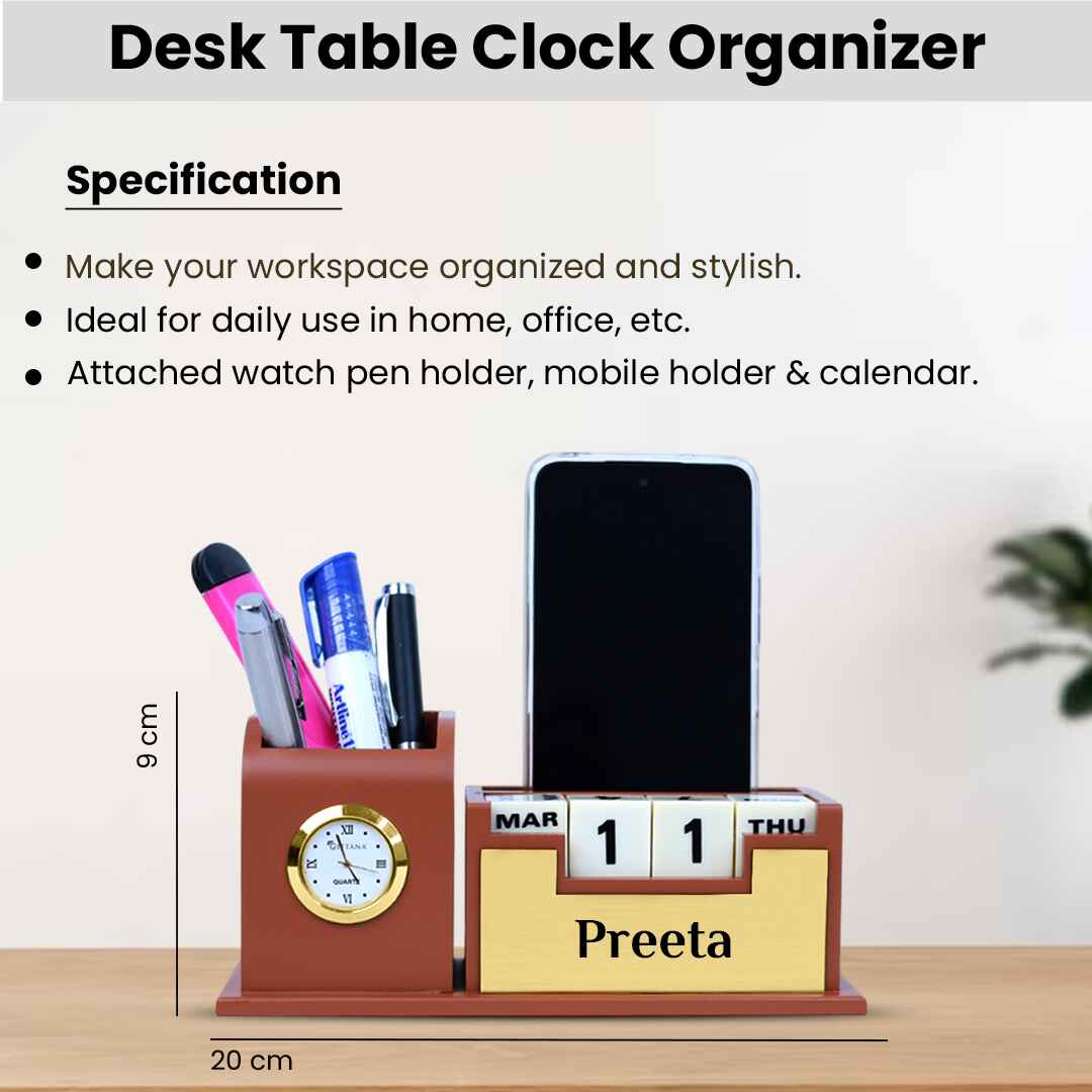 Nuevo Emporium Engraved Desk Clock & Pen Set (Brown) | Personalized Premium Corporate Gift - Image 2