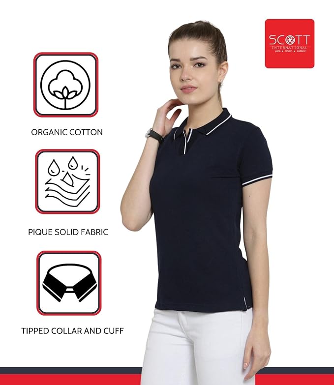 Scott International Women's Regular Fit 100% Pure Organic Cotton Polo T-Shirt | Womens Polo Collar Neck T-Shirt | Cotton Plain Polo Neck Half Sleeve T-Shirt | Tshirts for Women- Navy Blue - Image 3