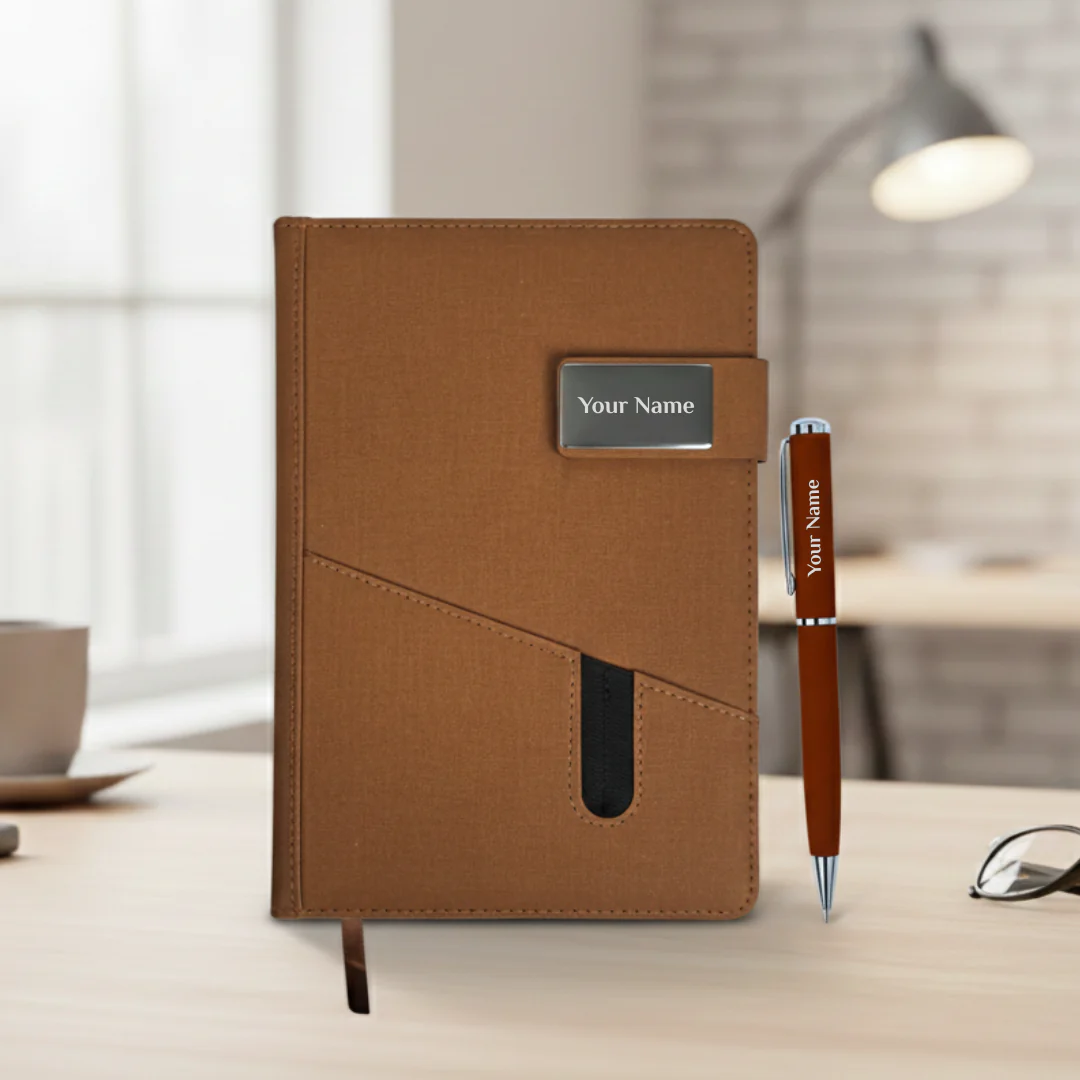 Nuevo Emporium Stylish Personalized Gift Set (Brown) | PU Leather Jute Diary & Premium Pen Combo - Image 1