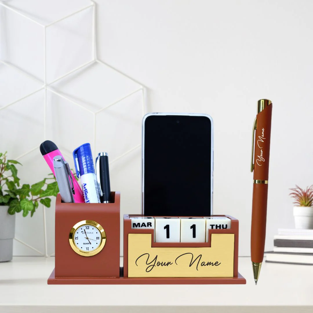 Nuevo Emporium Engraved Desk Clock & Pen Set (Brown) | Personalized Premium Corporate Gift - Image 1