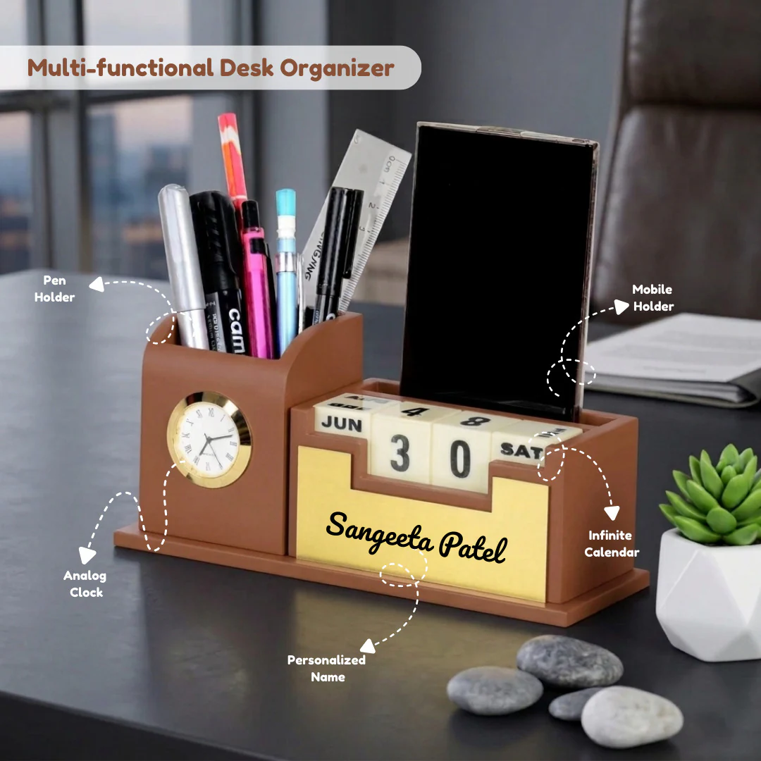 Nuevo Emporium Stylish Personalized Gift (Brown) | Wooden Desk Organizer with Premium Finish - Image 2
