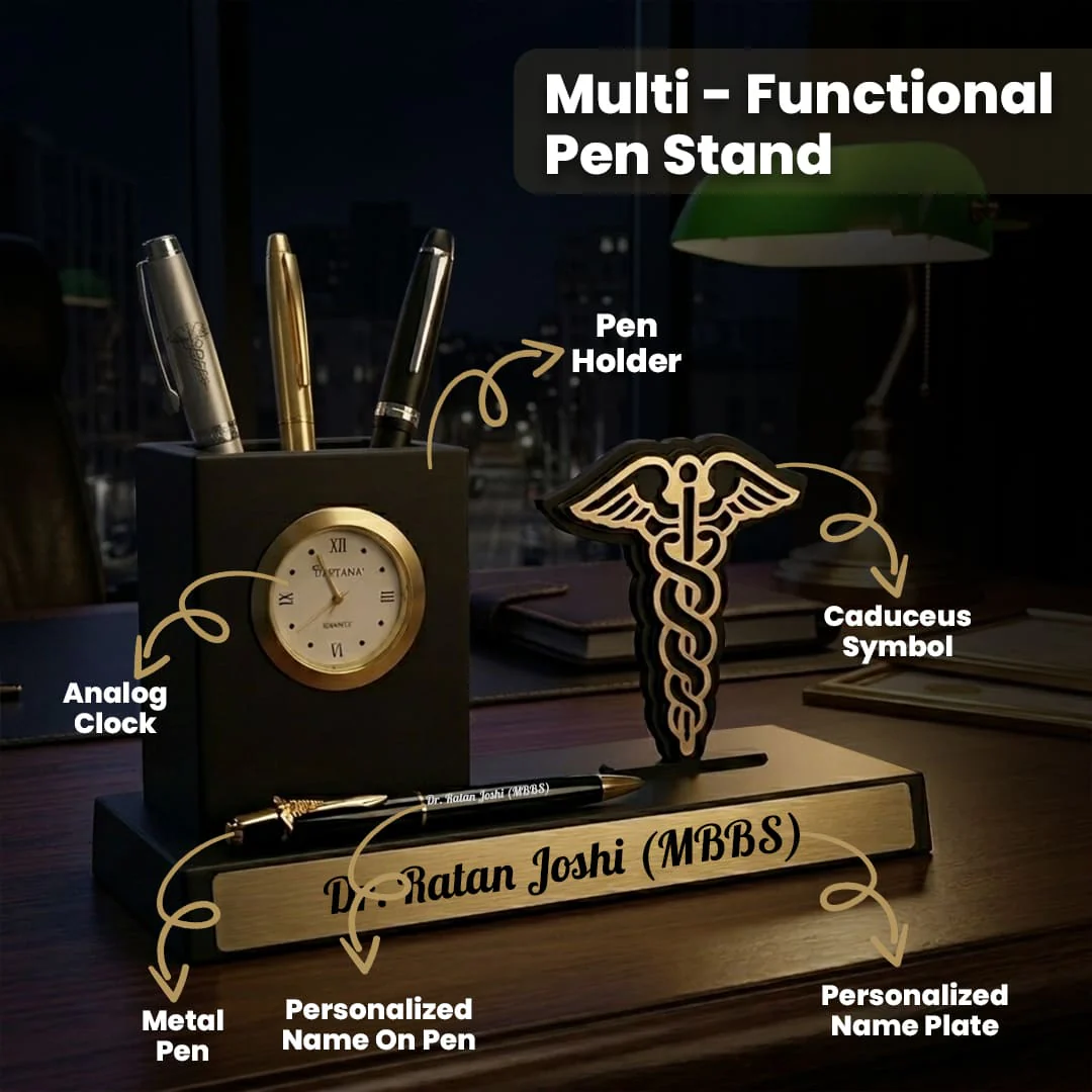 Nuevo Emporium Personalized Gift for Doctors | Desk Organizer with Pen Stand & Clock Set - Image 7