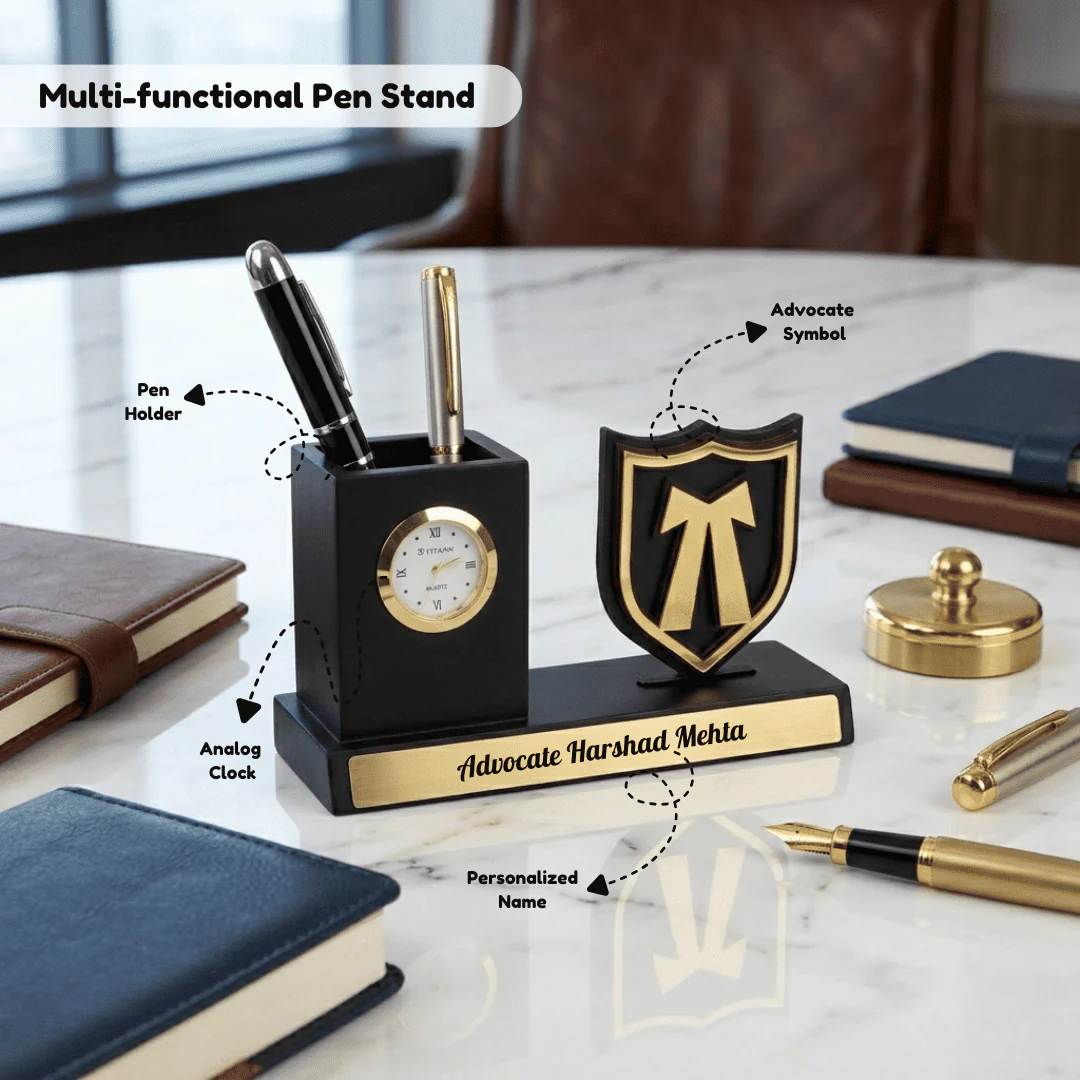 Nuevo Emporium Personalized Advocate Desk Organizer Gift | Wooden Organizer with Clock & Pen Holder - Image 3