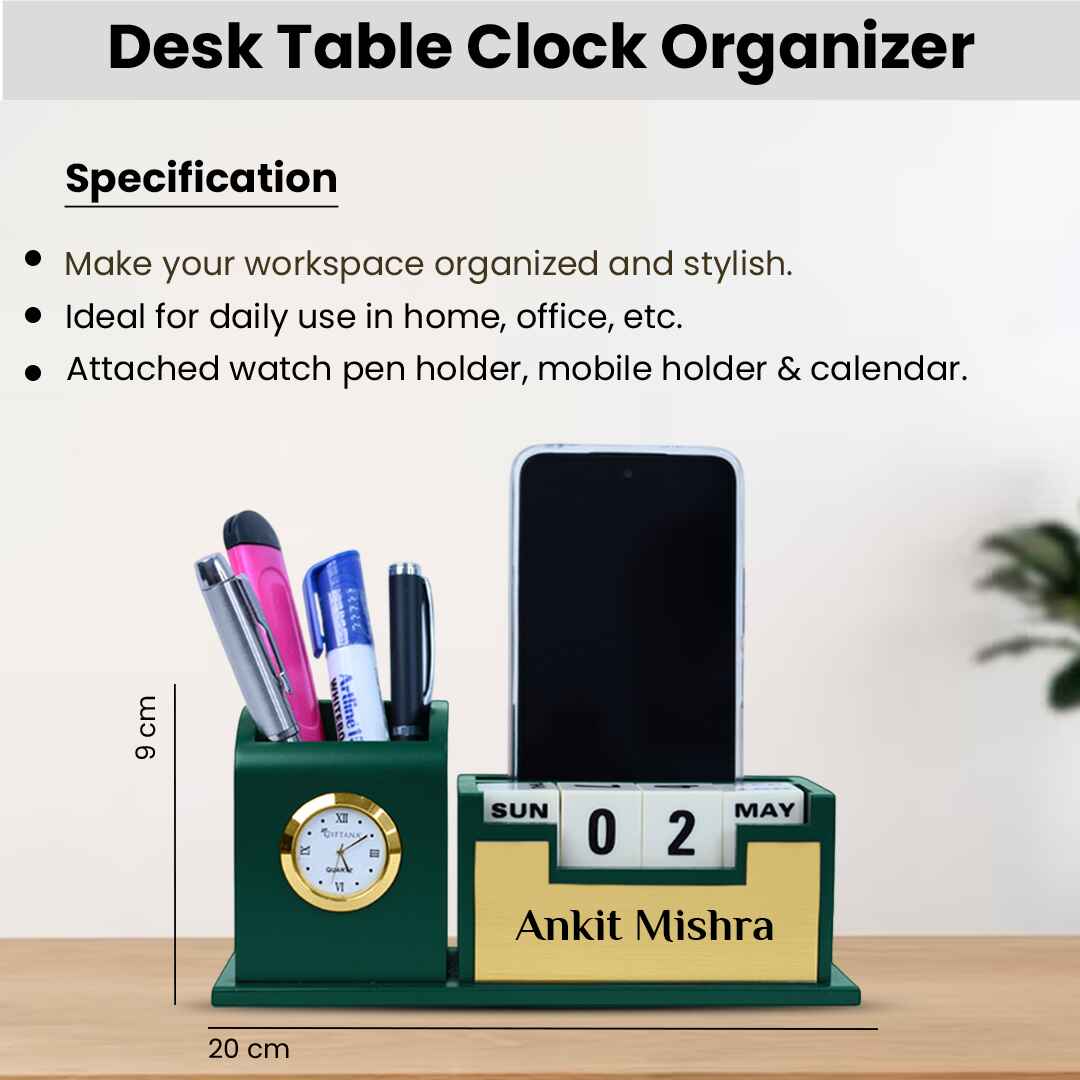 Nuevo Emporium Engraved Desk Clock & Pen Set (Green) | Personalized Premium Corporate Gift - Image 3