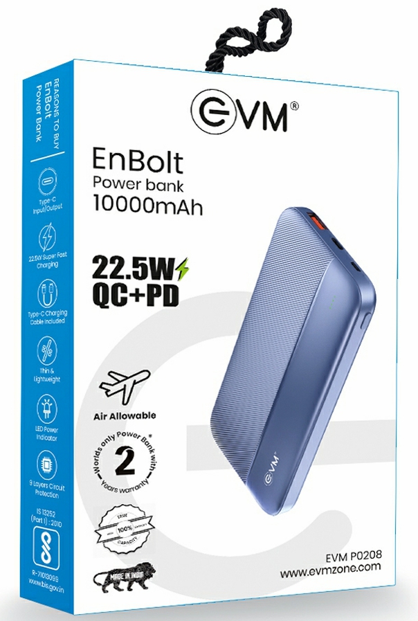EVM EnBolt 10000mAh Portable Power bank, 22.5W super fast charging, 2-year warranty,P0208 EVM EnBolt 10000mAh Portable Power bank, 22.5W super fast charging, 2-year warranty,P0208 - Image 1