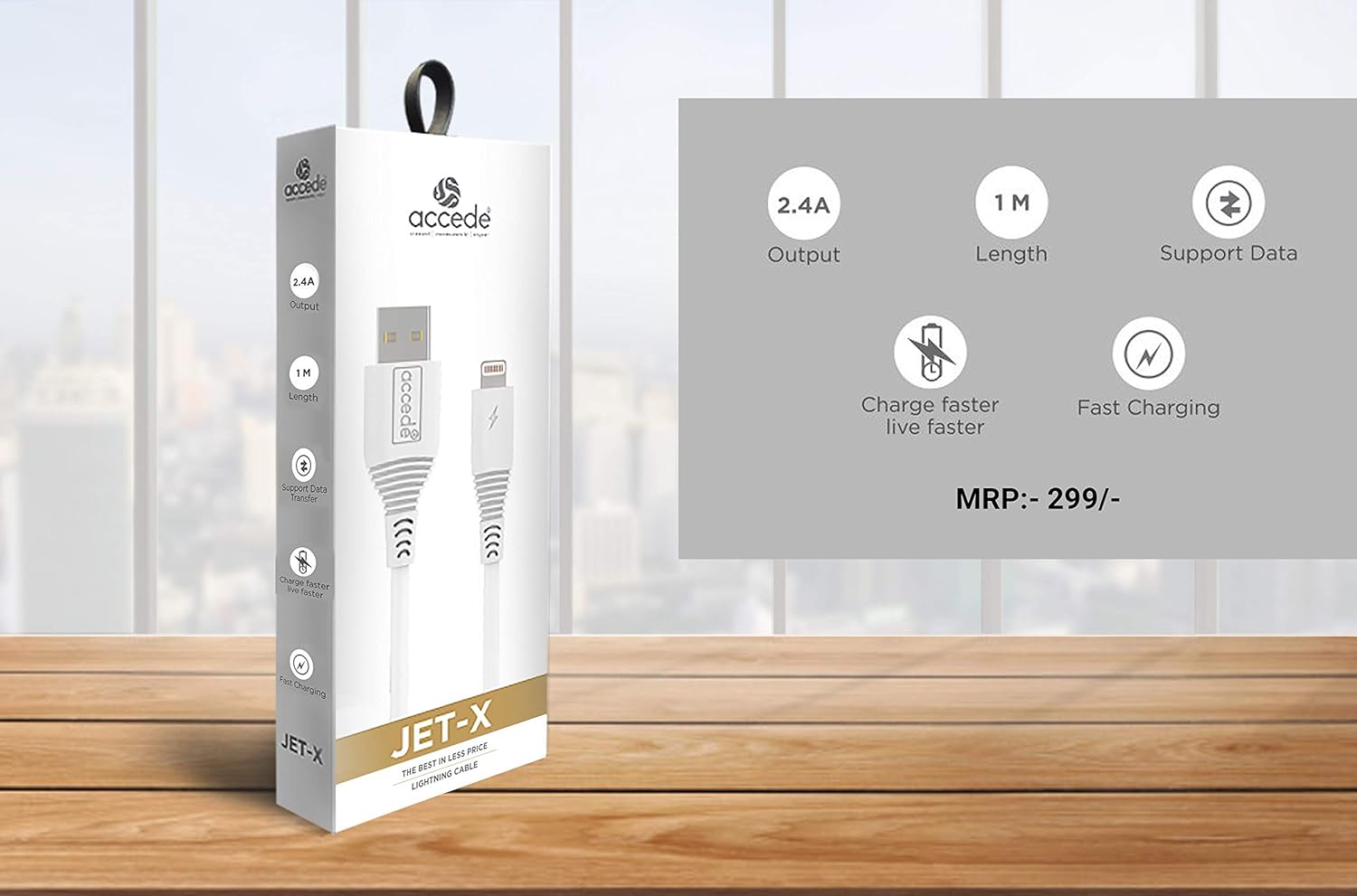 Accede A1002 Jet X Rapid 3A Lightning Apple USB Data Cable White - Image 1