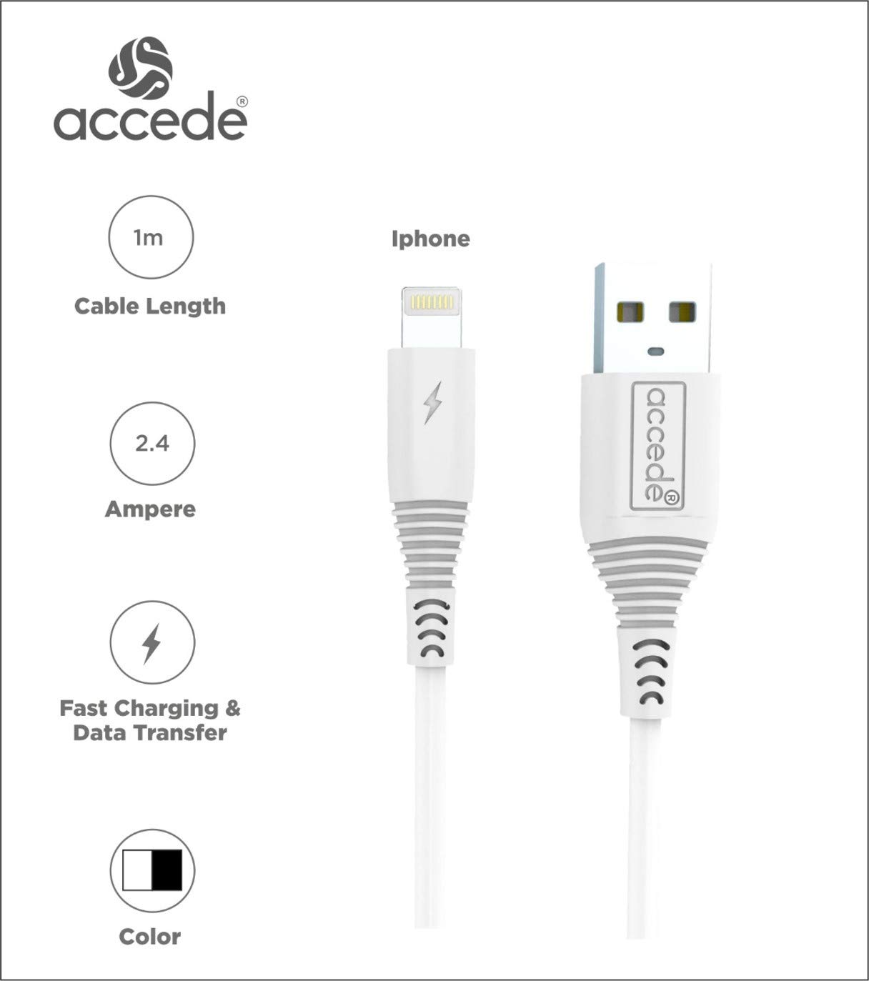 Accede A1002 Jet X Rapid 3A Lightning Apple USB Data Cable White - Image 2