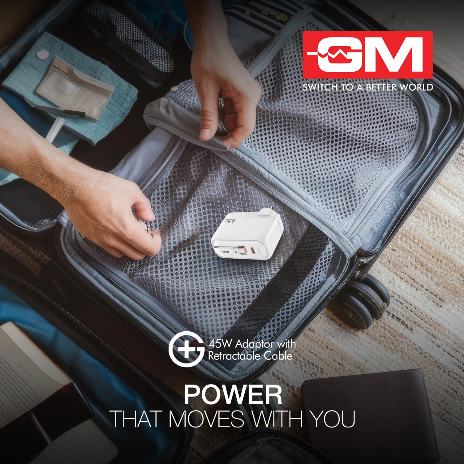 GM G+ 45W Type C All in One Travel Adapter with 70 CM Retractable Cable, GaN Technology Super Fast Charger for Mobile And Laptop White - Image 8