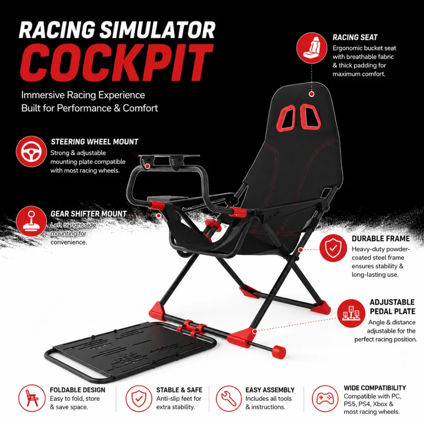 Racing Wheel Stand with Foldable Bucket Seat for Sim Racing For Logitech, Moza, Cammus, Thrustmaster Wheels - Image 1