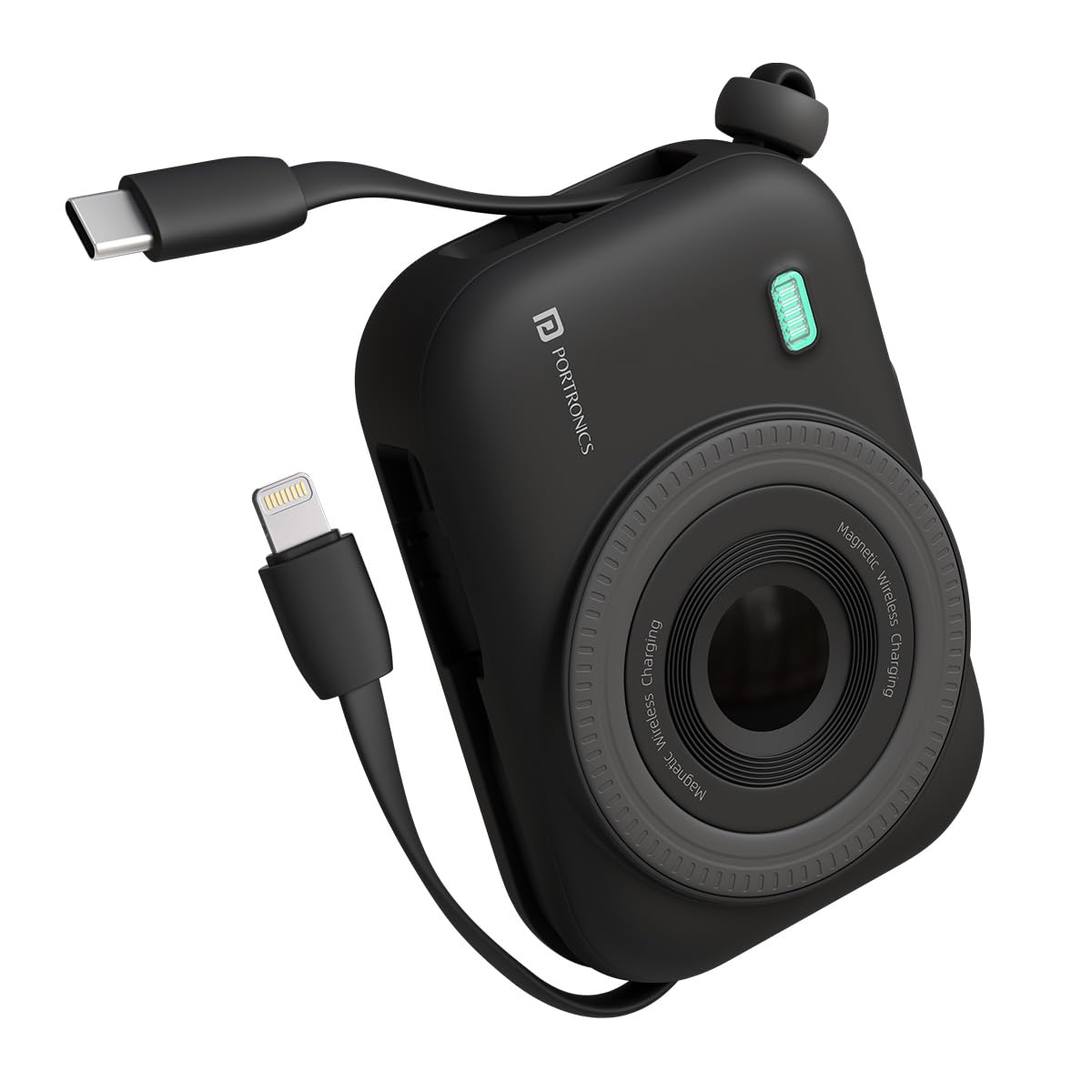 Portronics POR 2264 Power Shutter 10000mAh 15W Magnetic Wireless Fast Charging Powerbank with in-Built Type C And 8 Pin Cable, 22.5W Type C PD Output, Type C Bidirectional Port, LED Display Black - Image 1