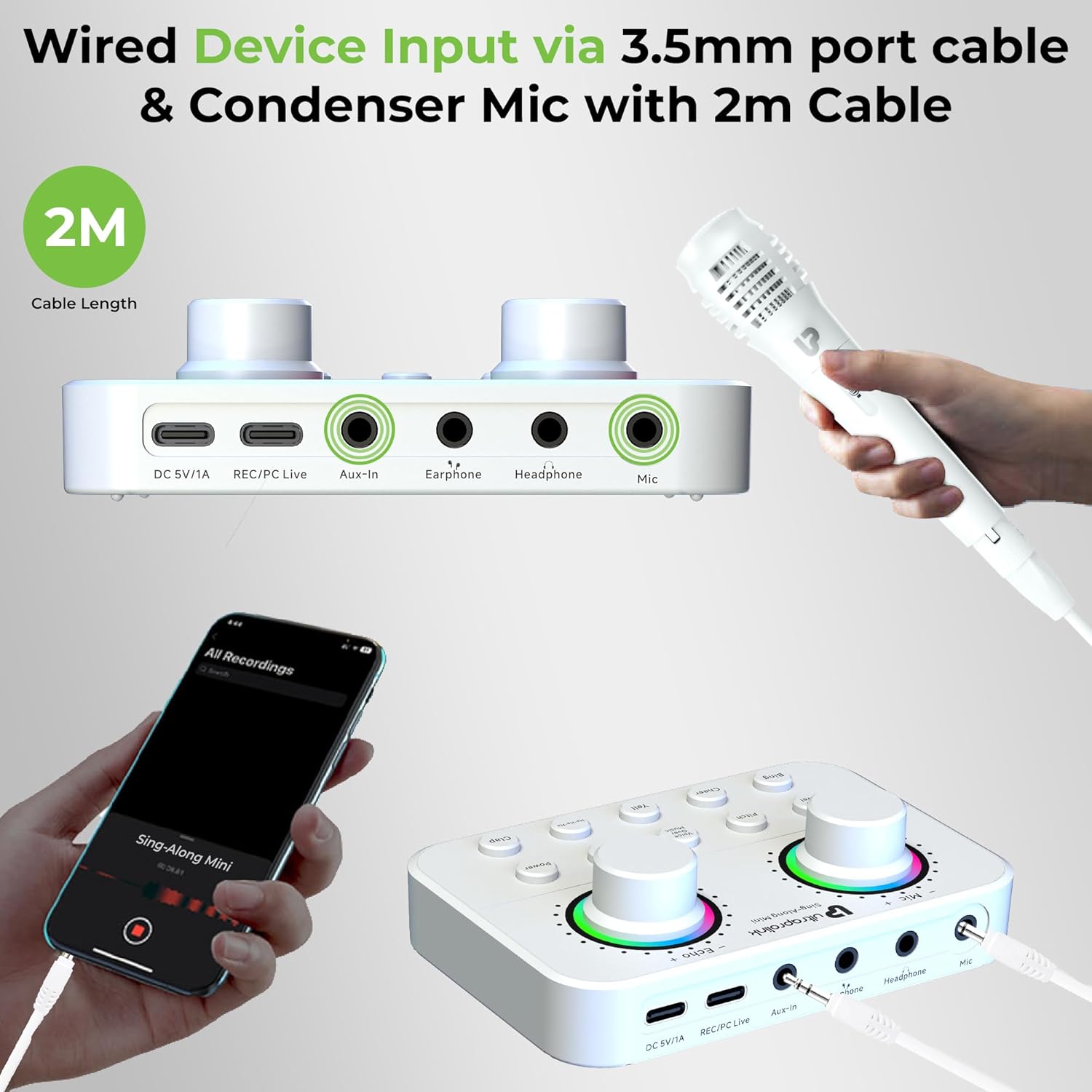 UltraProlink Sing Along Mini, Slimmest Portable Bluetooth Karaoke Mixer, Sound Card for Karaoke,Podcast, Singing, Live Stream,Broadcast, White - Image 5