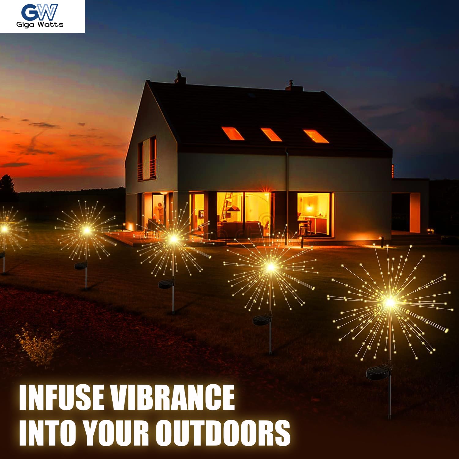 Outdoor 90 LEDs Solar Firework Light 2 Lightning Modes Starburst Design Water Resistant Garden String Lights for Party Decor Warm Yellow, Pack of 2 - Image 3