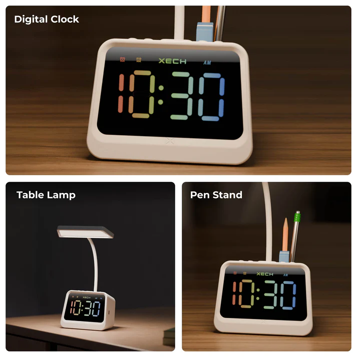 Xech Prism Alarm Clock with Lamp, Pen Stand Speaker, Rechargeable Desk Lamp for Study, Digital Clock, Mini Speaker, Gift for Office, Home & Kids White - Image 2