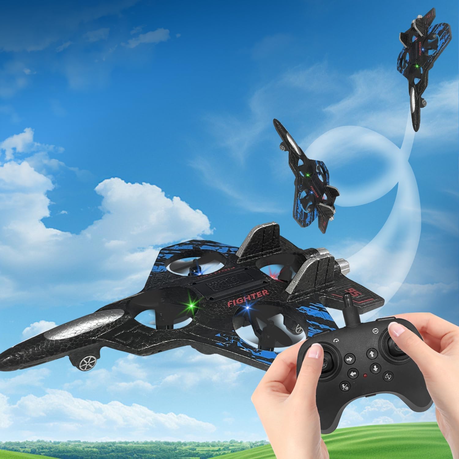 RC Fighter Plane Drone 2.4 GHz Remote Controlled Fighter Plane Easy to Fly Stable LED Lights, 360 Degree Roll, Hovering 2 Battery - Image 6