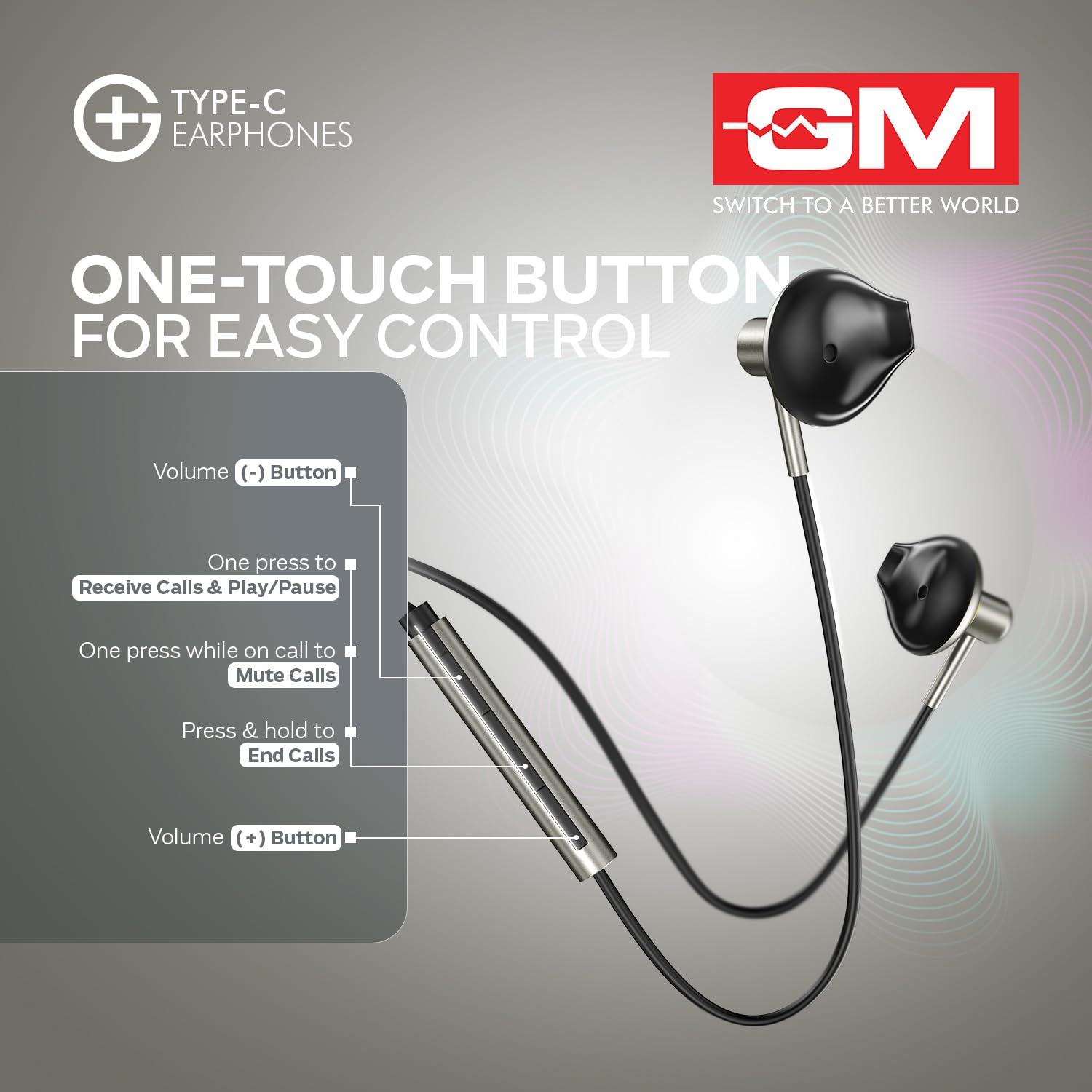 GM G+ Type-C Earphones with HD Sound, Half Ear Comfort Fit, Built-in Mic, One Touch Control, Metallic Finish, 14mm Drivers, Lightweight Wired USB-C Earphones for Calls and Music - Image 2