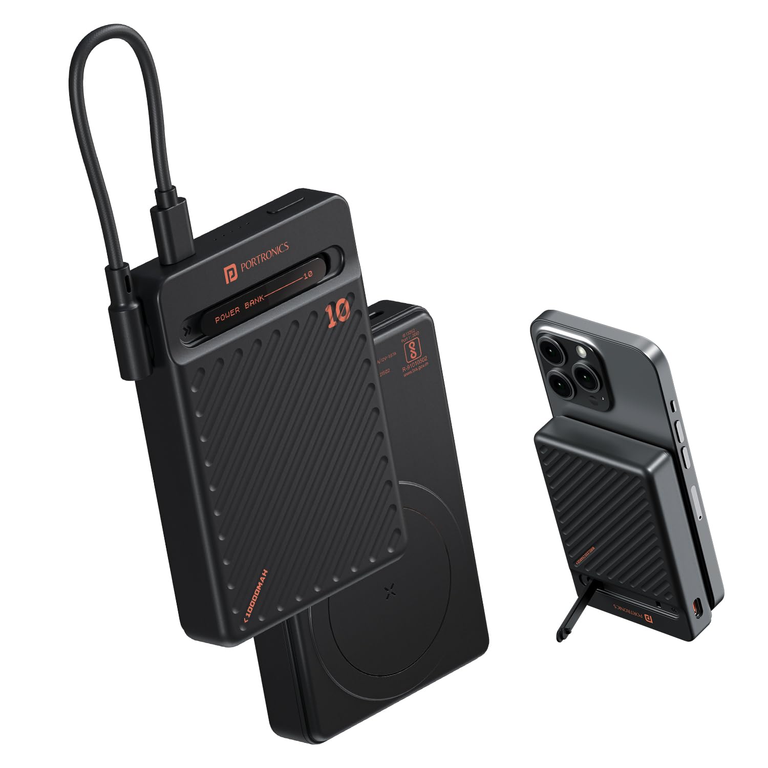 Portronics POR 2663 Chyro 10000mAh 15W Magnetic Wireless Fast Charging Powerbank with MagSafe Mobile Stand,in-Built Type C Cable With 20W Output,For iPhone 12 Above, Android, Other Qi Enabled Devices Black - Image 1