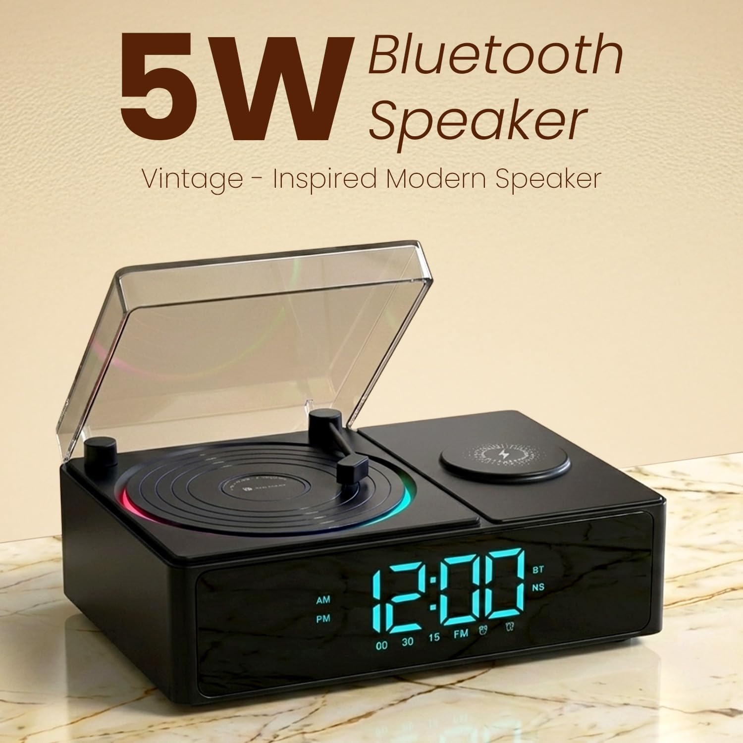Portronics POR 3303 Soundflow 5W HD Sound Retro Design Bluetooth Speaker,15W Wireless Charging,Digital Clock with Alarm Setting,RGB LED Lights,Built-in White Noise, USB-A/SD Card/AUX in, Type C Charging Black - Image 3