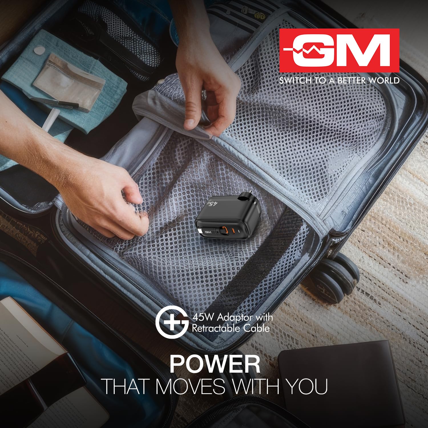 GM G+ 45W Type C All in One Travel Adapter with 70 CM Retractable Cable, GaN Technology Super Fast Charger for Mobile And Laptop Black - Image 5