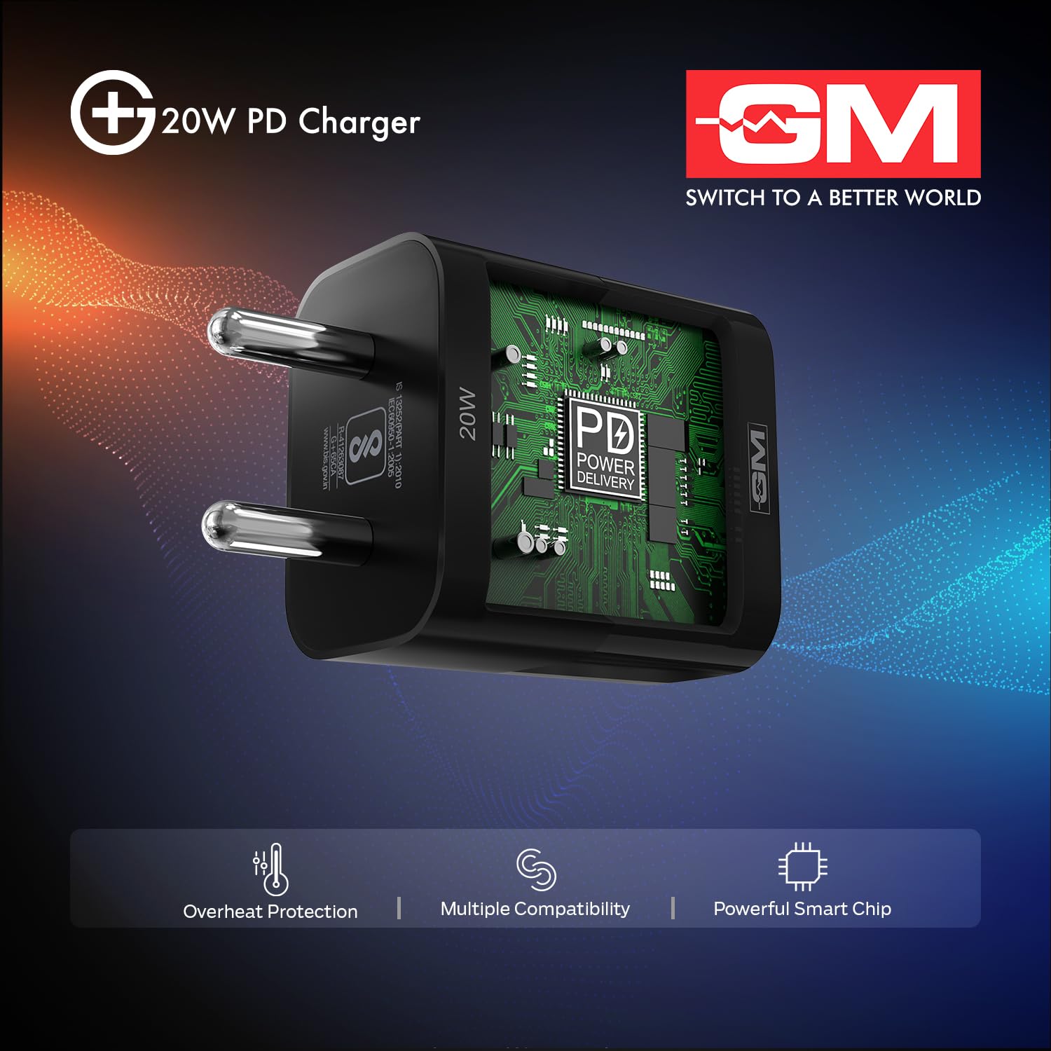 GM G+ 20W Dual Port Type C And A Mobile PD Charger, Fast Charging for Android, iPhone 16/15/14/13/12/11 Pro,Max, Samsung, One Plus Black - Image 5