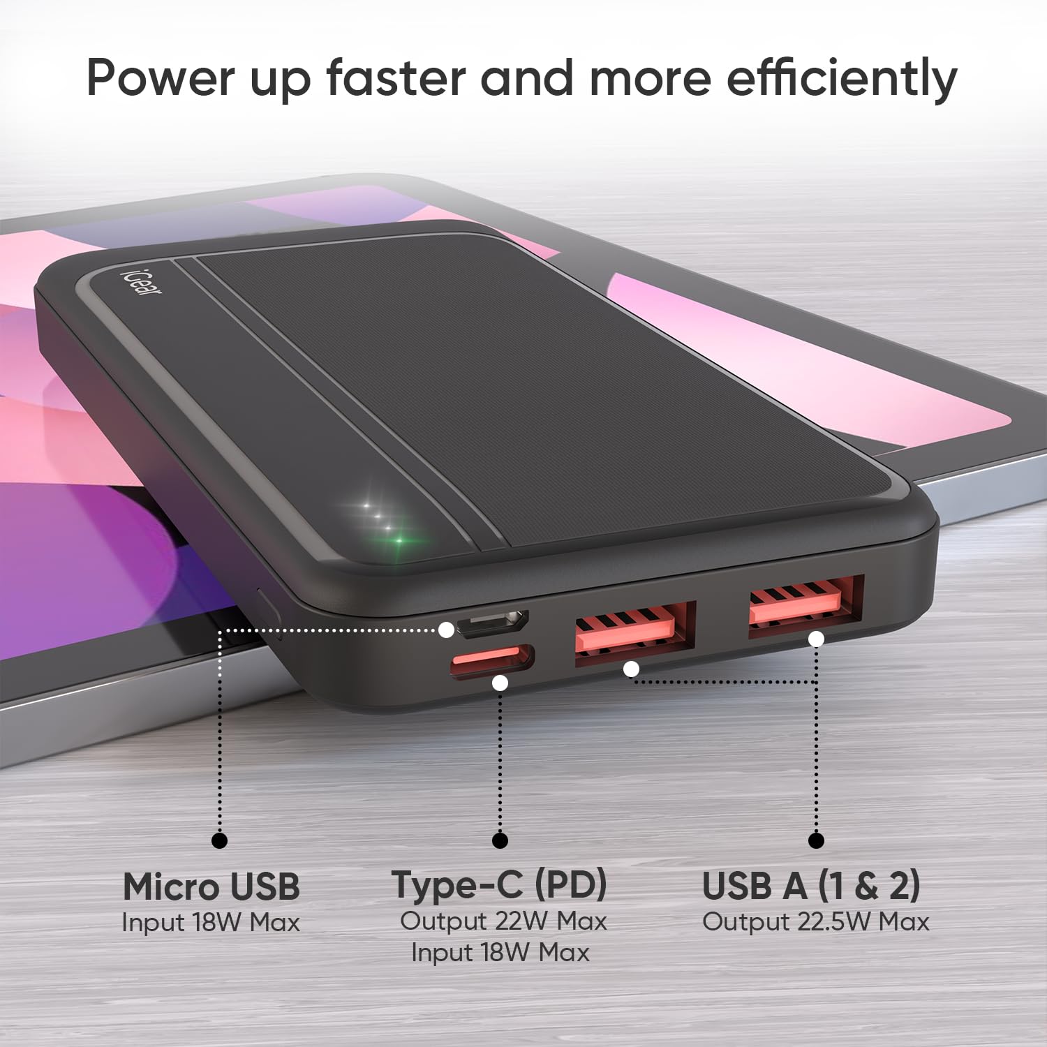 iGear Max PD Power Bank 10000mAh, Type-C PD 22.5W Fast Charging, Triple Output Ports, Battery Indicator, Wake-up Button, High-Speed Power Black - Image 2