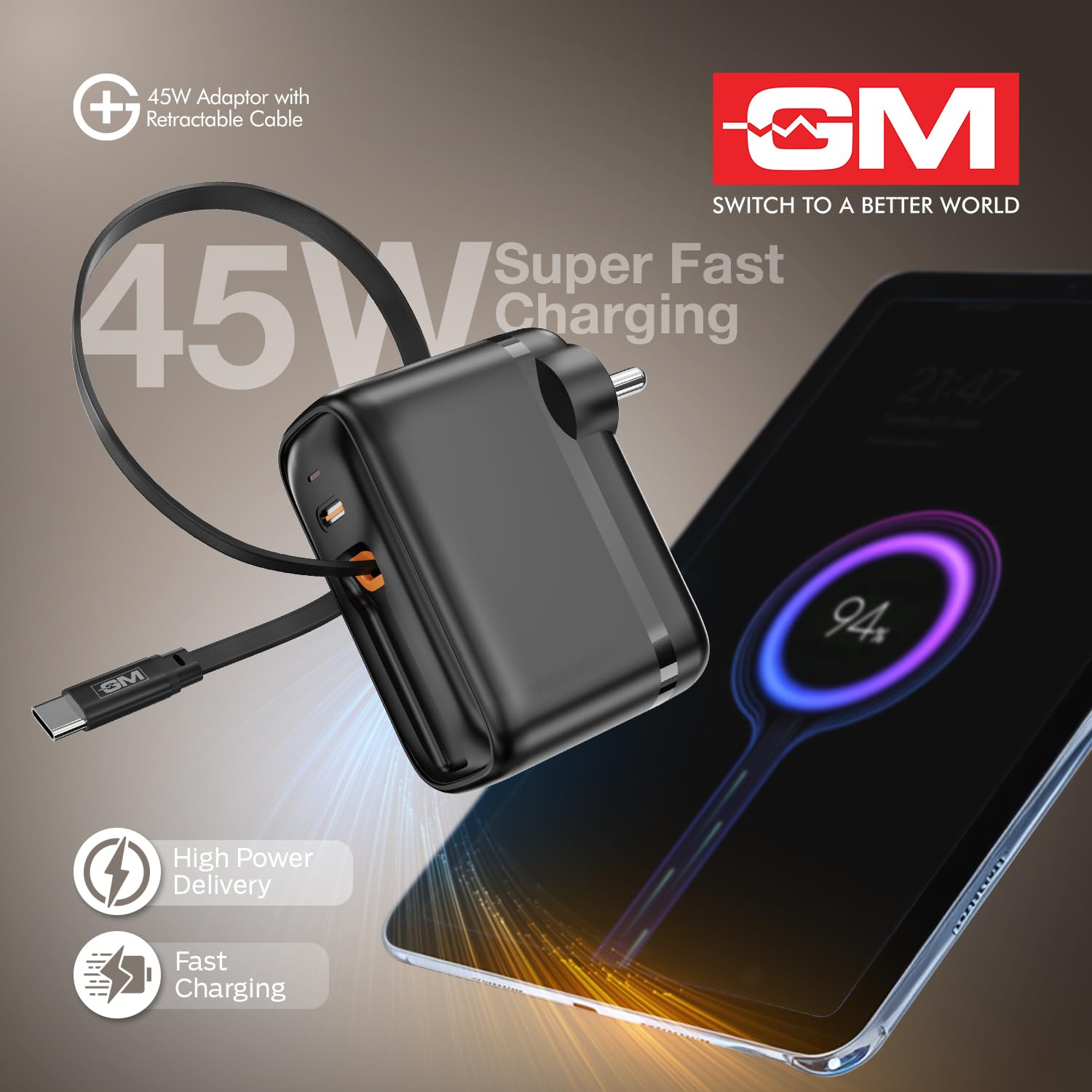GM G+ 45W Type C All in One Travel Adapter with 70 CM Retractable Cable, GaN Technology Super Fast Charger for Mobile And Laptop Black - Image 3
