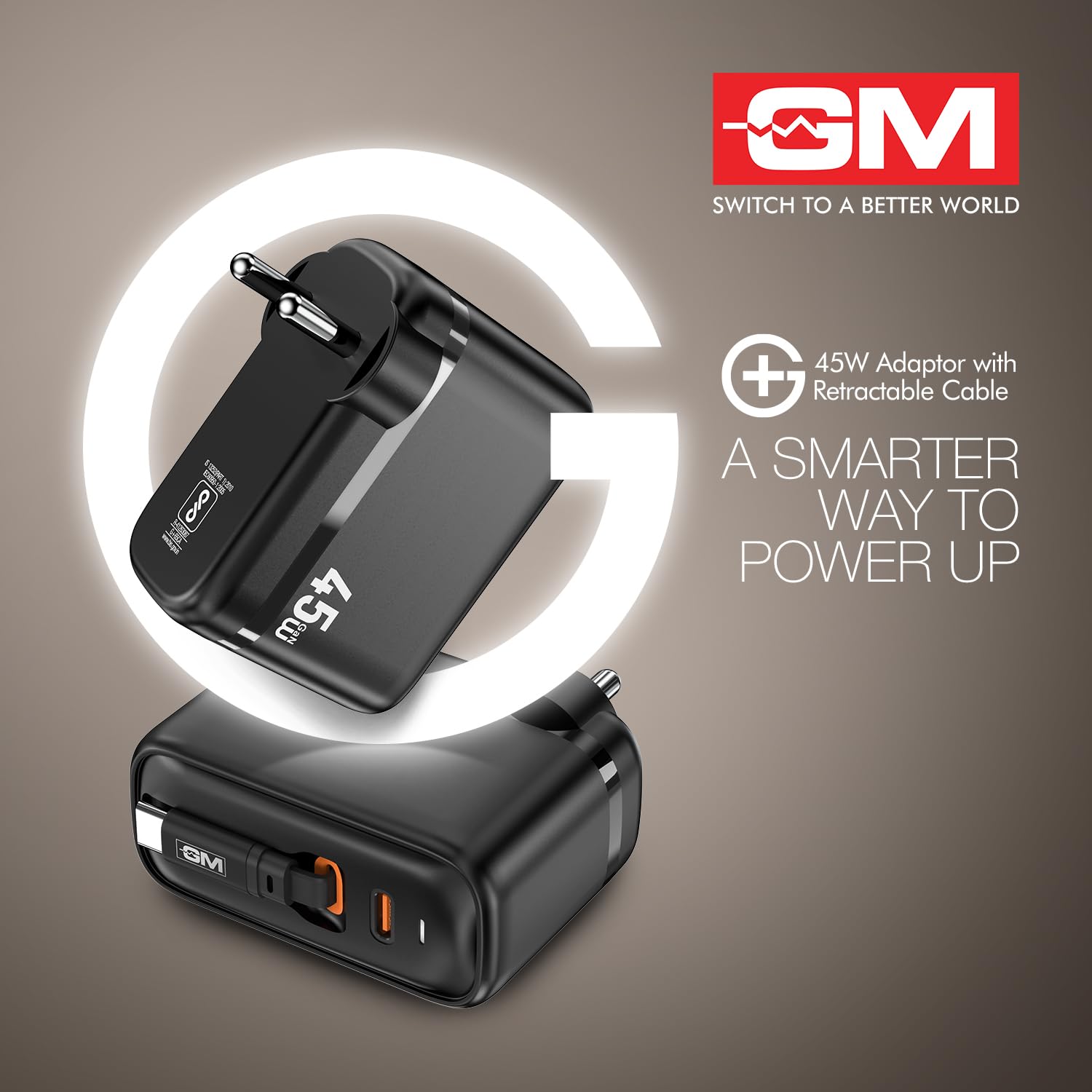 GM G+ 45W Type C All in One Travel Adapter with 70 CM Retractable Cable, GaN Technology Super Fast Charger for Mobile And Laptop Black - Image 8