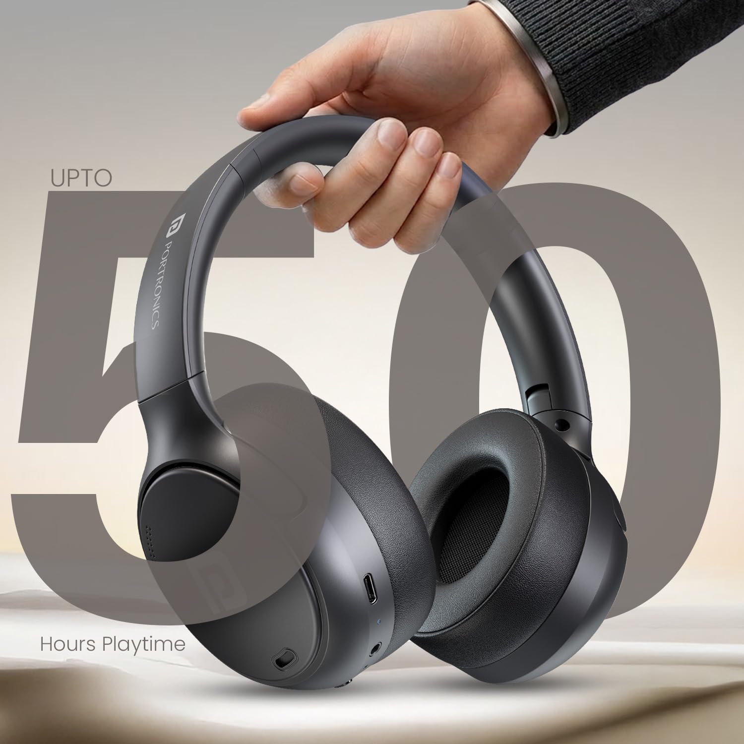 Portronics POR 3415 Muffs M8 ANC Wireless Over Ear Headphones Upto 50 Hours, Foldable, Powerful Bass, 40mm Driver, HD Mic, Low Latency,BT 5.4v, Black - Image 2