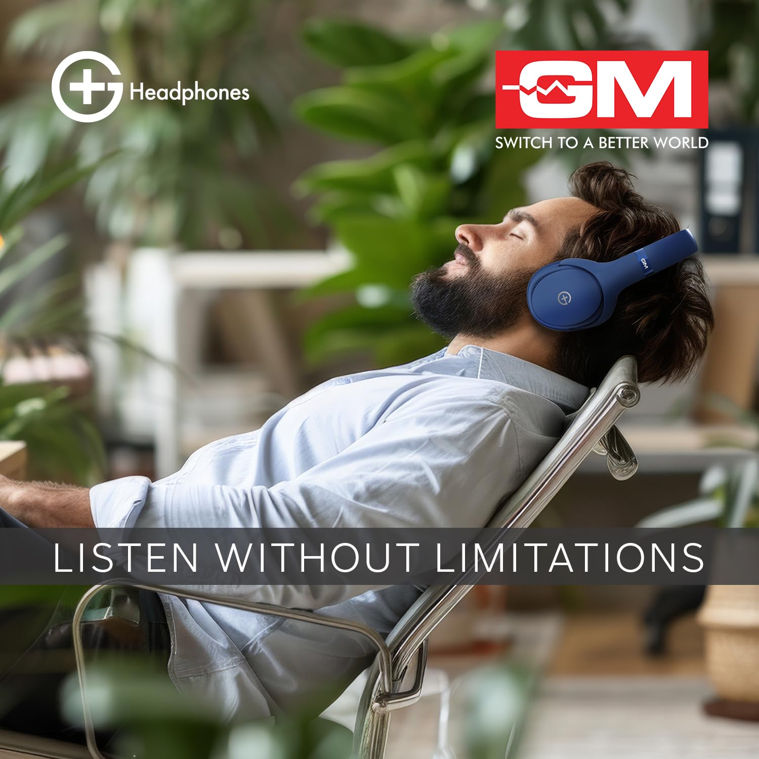 GM G+ Headphones, Over The Ear Headphones with Mic, BT 5.3, Pure Bass, 45ms Low Latency, Dual Pairing, 4 Play Modes (FM, Radio, SD Aux) 55H Blue - Image 2