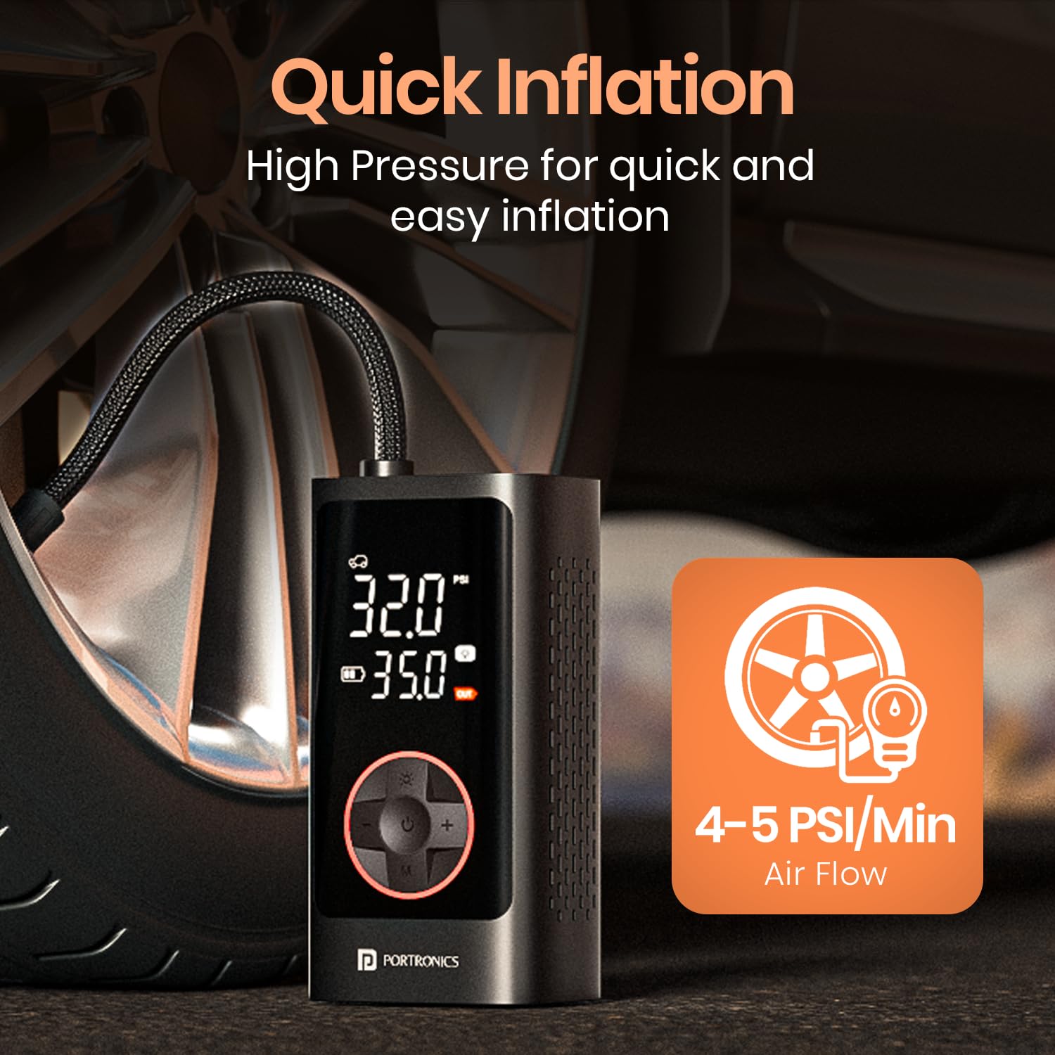 Portronics  POR 3026 Vayu 7.0 Tyre Inflator, Full-Size Digital Display, 4000 mAh Battery, 150 PSI Pressure, Preset Modes, Flashlight with SOS, Pressure Detection, for Cars, Bikes, Bicycles And Balls Black - Image 8