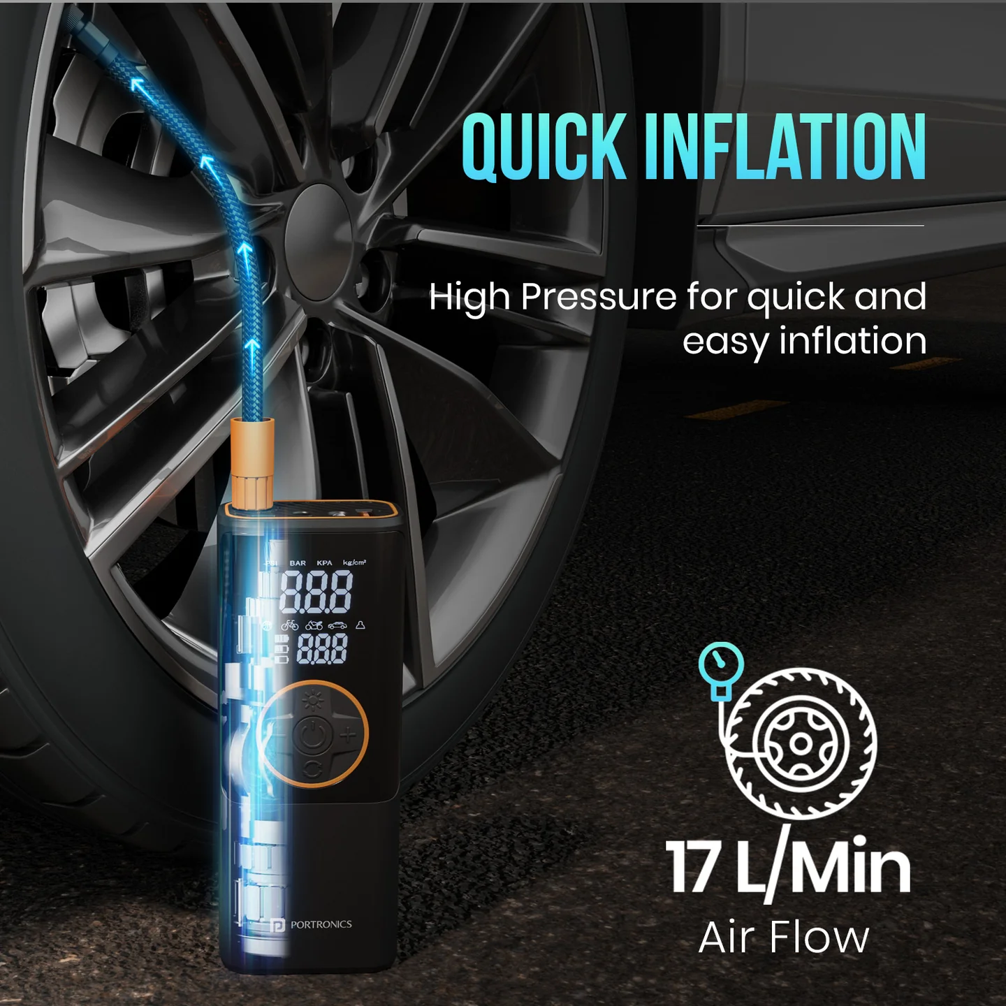 Portronics POR 2154 Vayu 4.0 Tyre Inflator with 2-in-1 Rechargeable & Corded Power, Preset Inflation Modes, Digital Display, Flashlight Torch, 2x 2000 mAh Battery Cells - Image 7