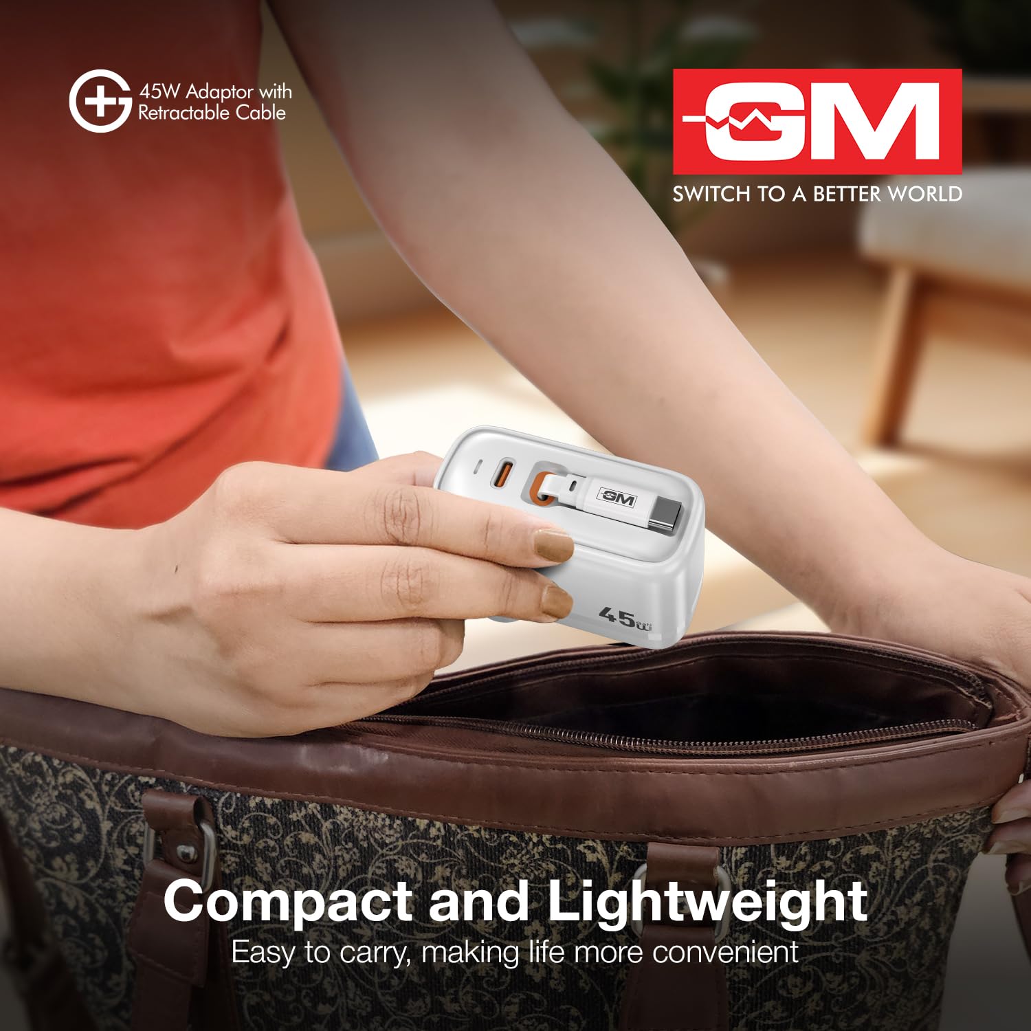 GM G+ 45W Type C All in One Travel Adapter with 70 CM Retractable Cable, GaN Technology Super Fast Charger for Mobile And Laptop White - Image 5