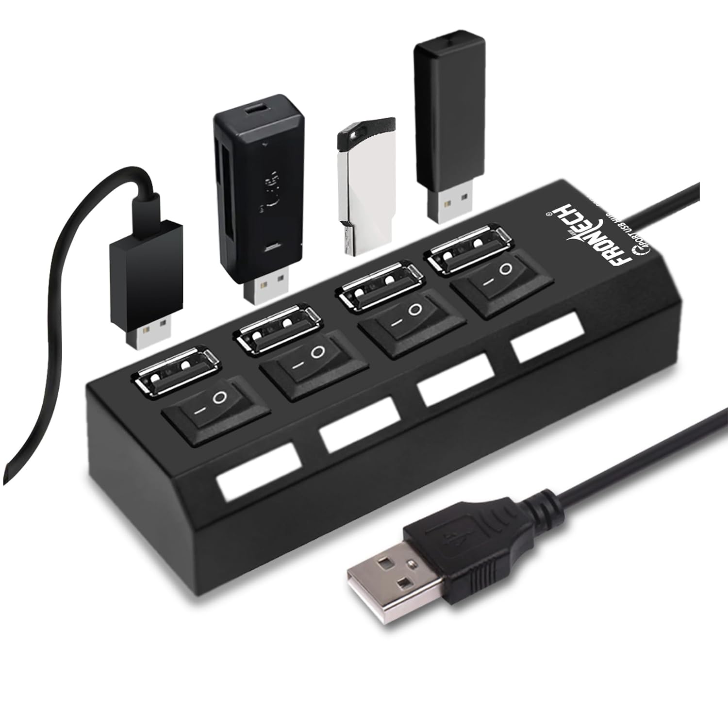 Frontech 4-Port USB Hub Individual On/Off Switches, LED Indicators, 40 cm Cable, Optional Power Input Port, Plug-and-Play Multi-Device Connectivity - Image 1