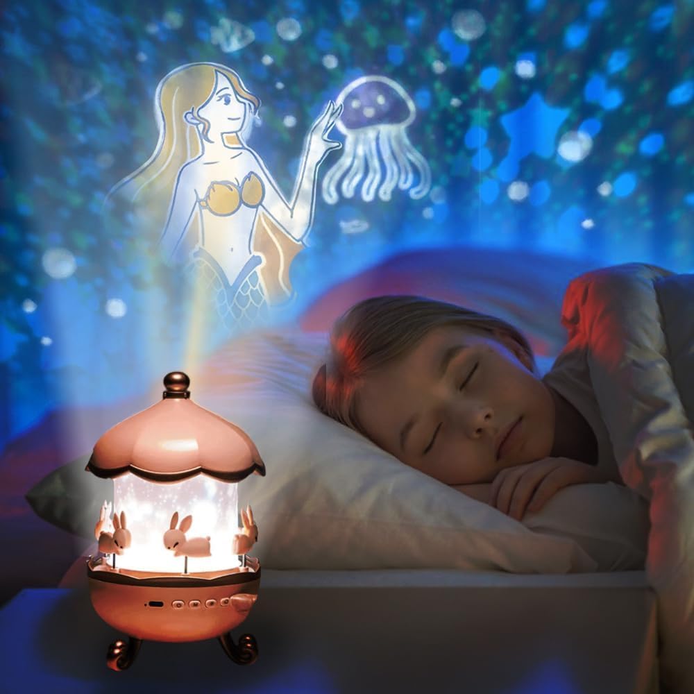 Bunny Carousel Night Light Projector, LED Lamp with 6 Rotating Films, Star Projection for Nursery & Kids Room Decor, Rotatable Rabbit Light, Pink - Image 3