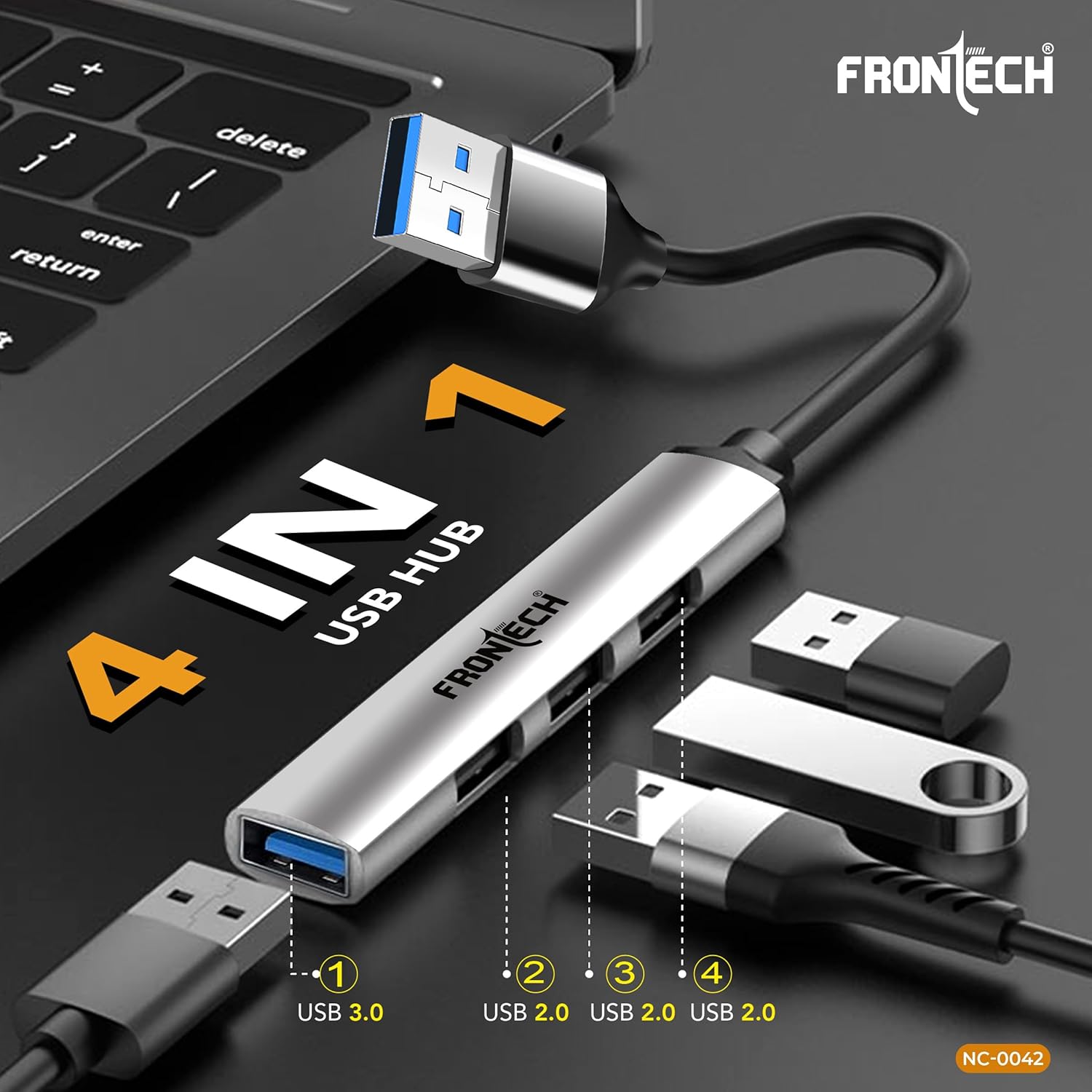 Frontech 4 in 1 Slim Multiport HUB Dock,1XUSB 3.0, 3X USB 2.0,Compact Metal Design, Upto 5 Gbps Hight Speed Data Transfer for Desktop,Laptop,Tablet - Image 2