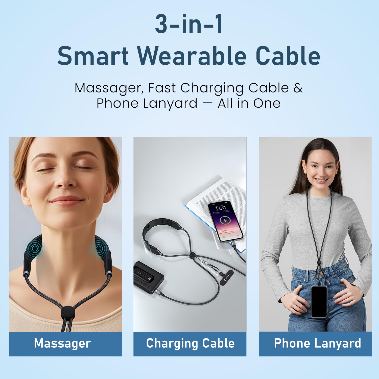 Portronics POR 3401 Pulse Line, 3-in-1 Smart Wearable Cable with Neck Massager & Phone Lanyard, 100W PD, Type-C Cable, Adjustable Nylon Braided Strap - Image 2
