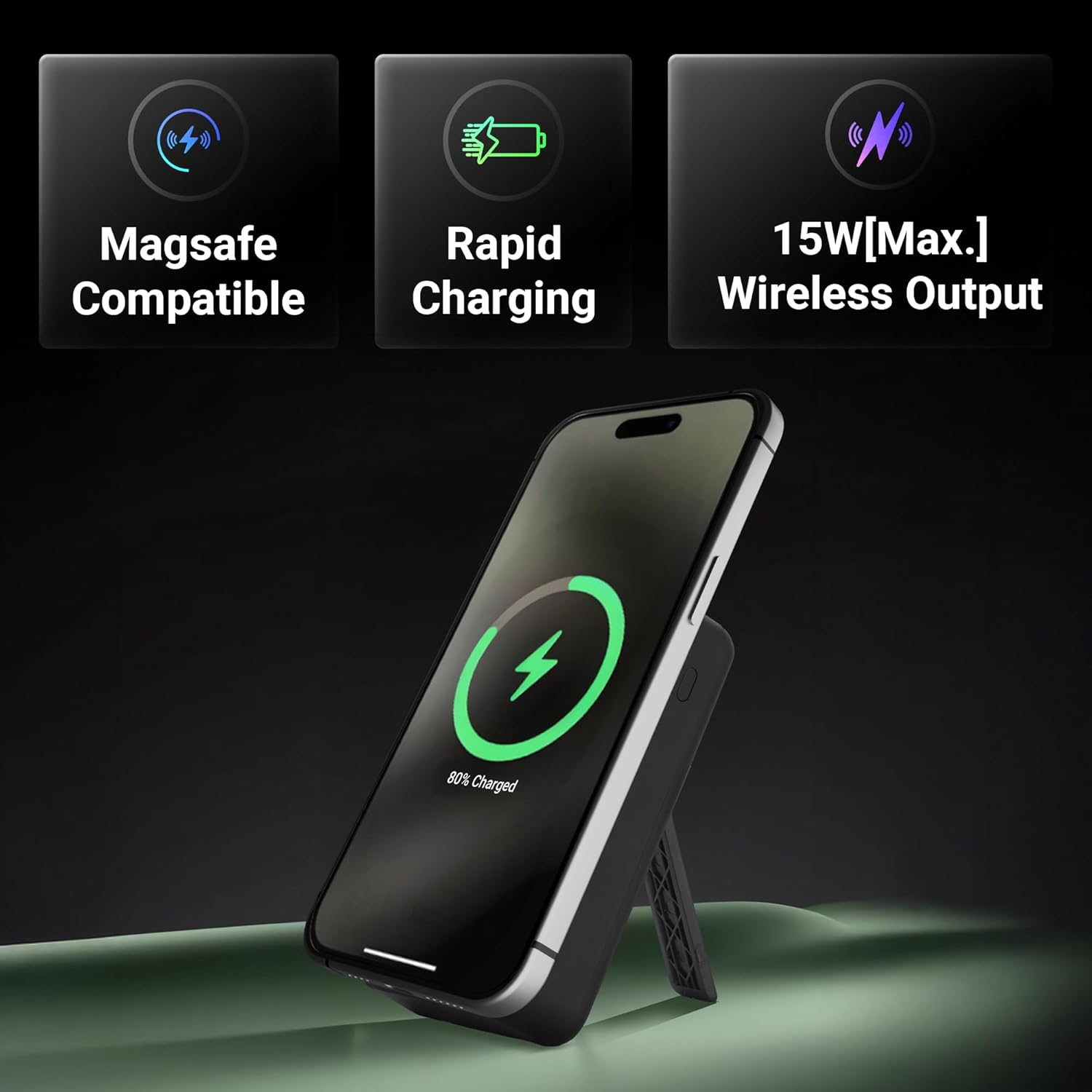ZEBRONICS EnergiSafe 10R2, 10000mAh MagSafe Wireless Power Bank, 15W Wireless & 22.5W PD (PPS) Fast Charging, Built-in Stand, Type-C & Lightning Cable, 5× Outputs, for iPhone & AirPods Black - Image 5