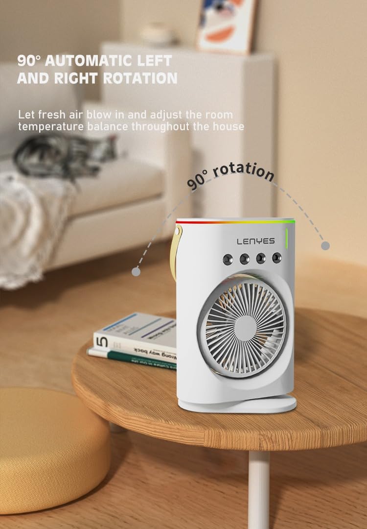 Lenyes LHF05 60 mm Mini Fan , LED Lighting,  Rechargeable Fan,  3 Fan Speeds,  2 Light Mode Settings,  High Speed Oscillation Table Fan ,  White - Image 3