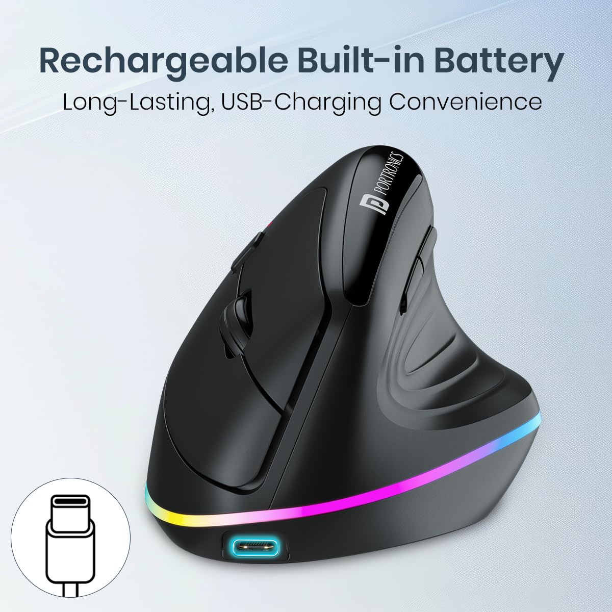 Portronics POR 3031 Toad Ergo 3 Ergonomic Wireless Mouse with RGB, 2400 DPI, Dual Mode BT And 2.4GHz Connectivity, Rechargeable Battery, 6 Buttons, Adjustable DPI, Silent Clicks Black - Image 5