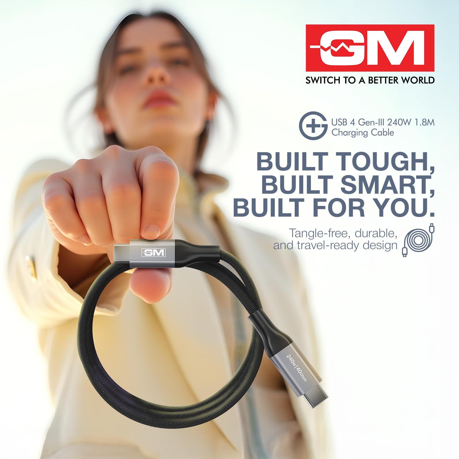 GM G+ USB 4 Gen-III 240W Type-C to Type-C Cable (1.8M) | 40Gbps Data Transfer | 8K Display Support | PD 3.1 Fast Charging | Nylon Braided,Tangle-Free,Durable Cable for Laptops,Tablets & Smartphones - Image 3