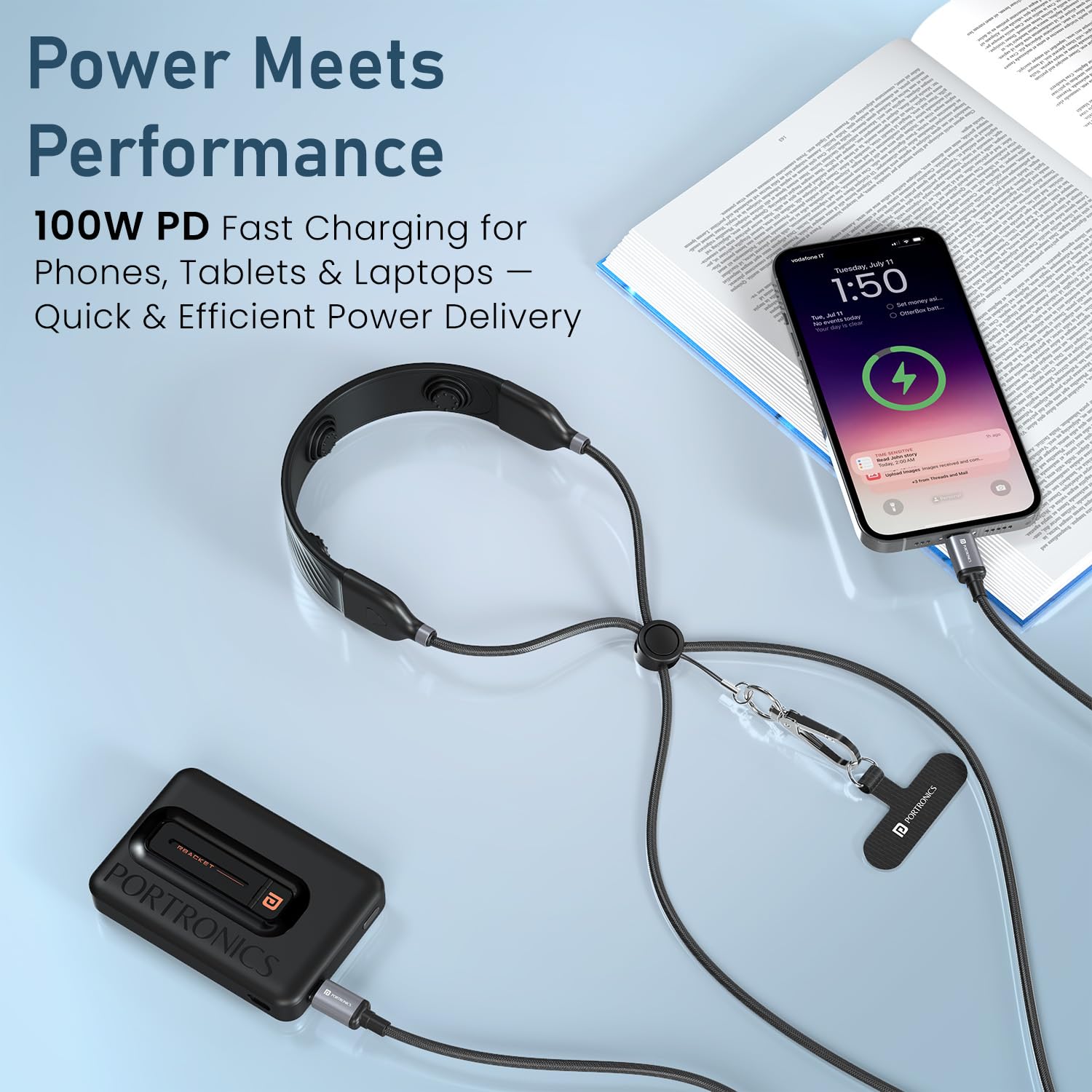 Portronics POR 3401 Pulse Line, 3-in-1 Smart Wearable Cable with Neck Massager & Phone Lanyard, 100W PD, Type-C Cable, Adjustable Nylon Braided Strap - Image 5