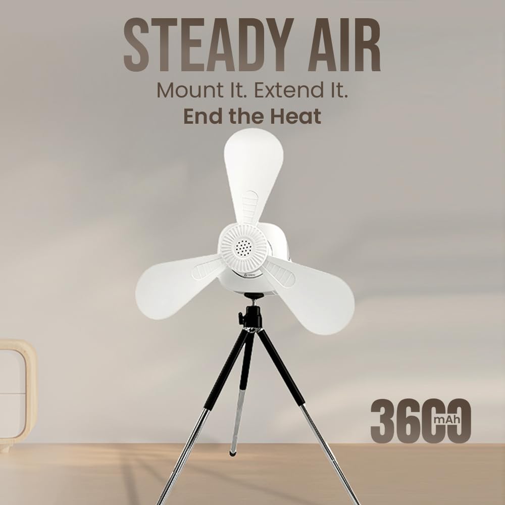 Toreto Steady Air Portable Ceiling Fan with Detachable Tripod Stand, 180° Automatic Oscillation, Built-in Night Light, TypeC Charging Remote Off White - Image 2