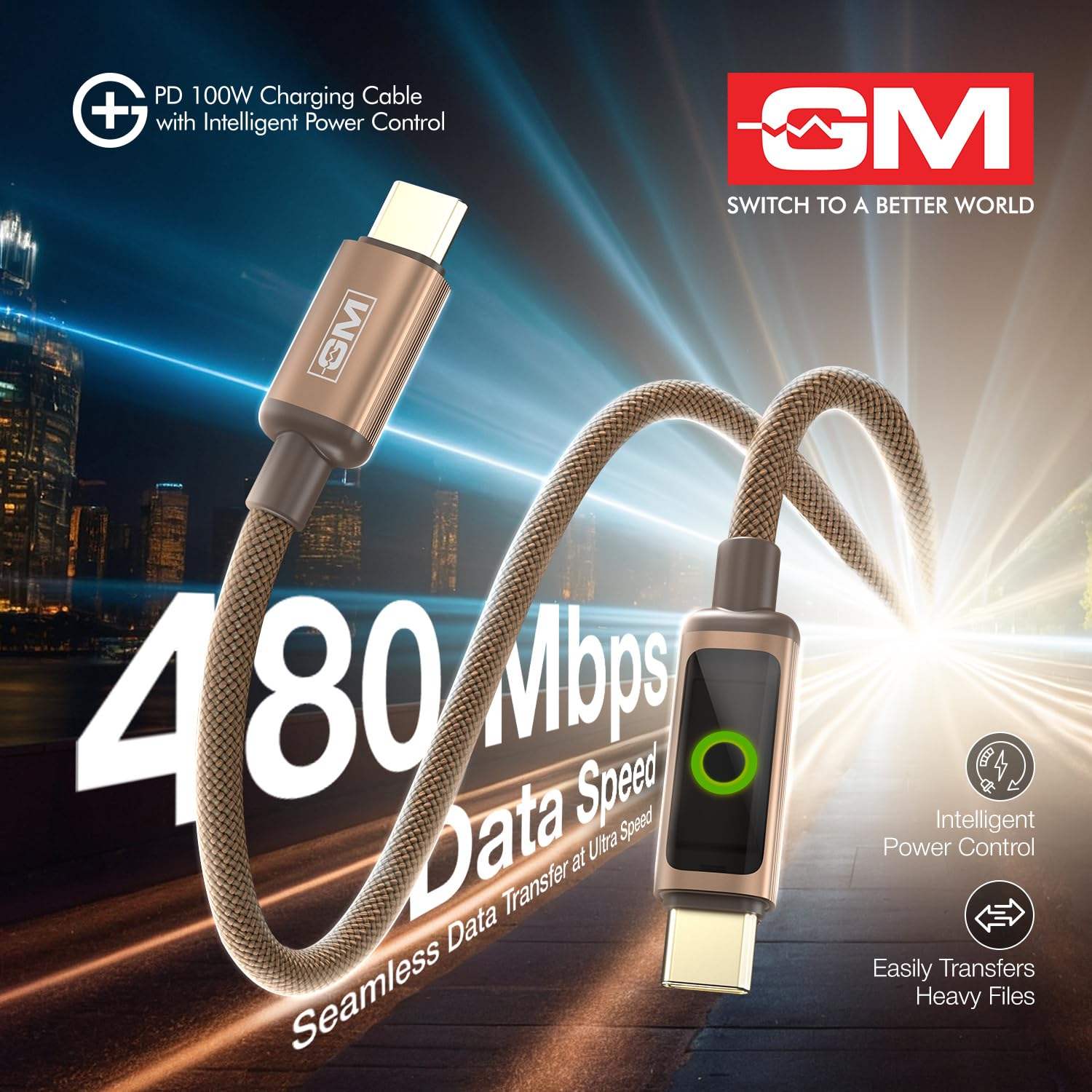 G+ 100W PD Cable Fast Charging Smart Auto Cutoff Laptop Charger 480Mbps Brown - Image 6