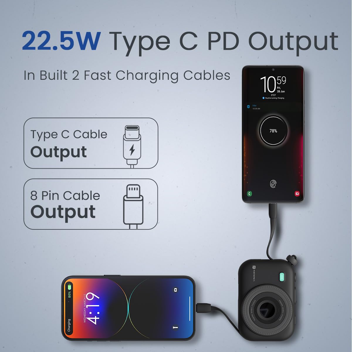 Portronics POR 2264 Power Shutter 10000mAh 15W Magnetic Wireless Fast Charging Powerbank with in-Built Type C And 8 Pin Cable, 22.5W Type C PD Output, Type C Bidirectional Port, LED Display Black - Image 4