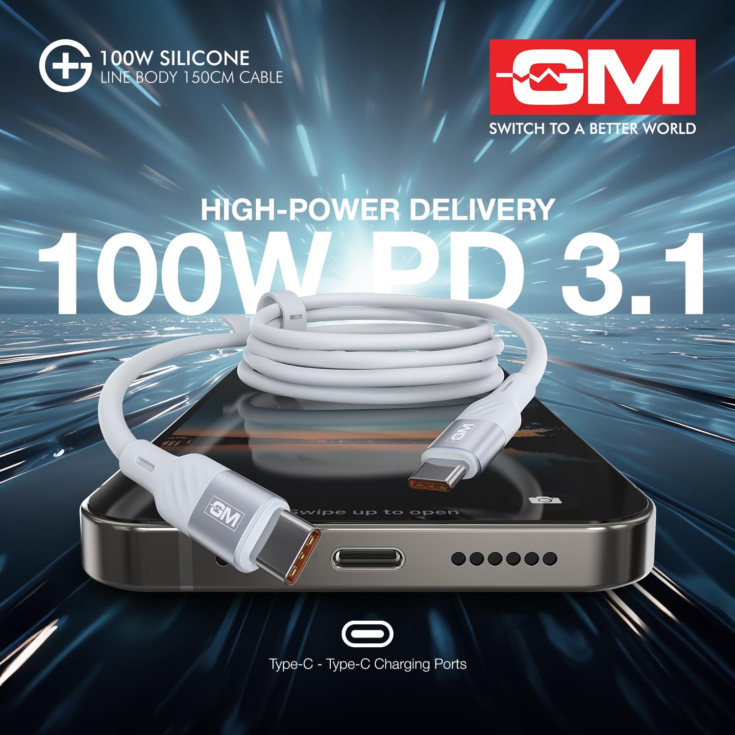 GM G+ 100W Silicon Line Body 150cm Cable , Flexible Silicone Line Body, PD 3.1 Type-C Cable, 480Mbps Data Transfer, Durable Aluminium Connectors White - Image 4