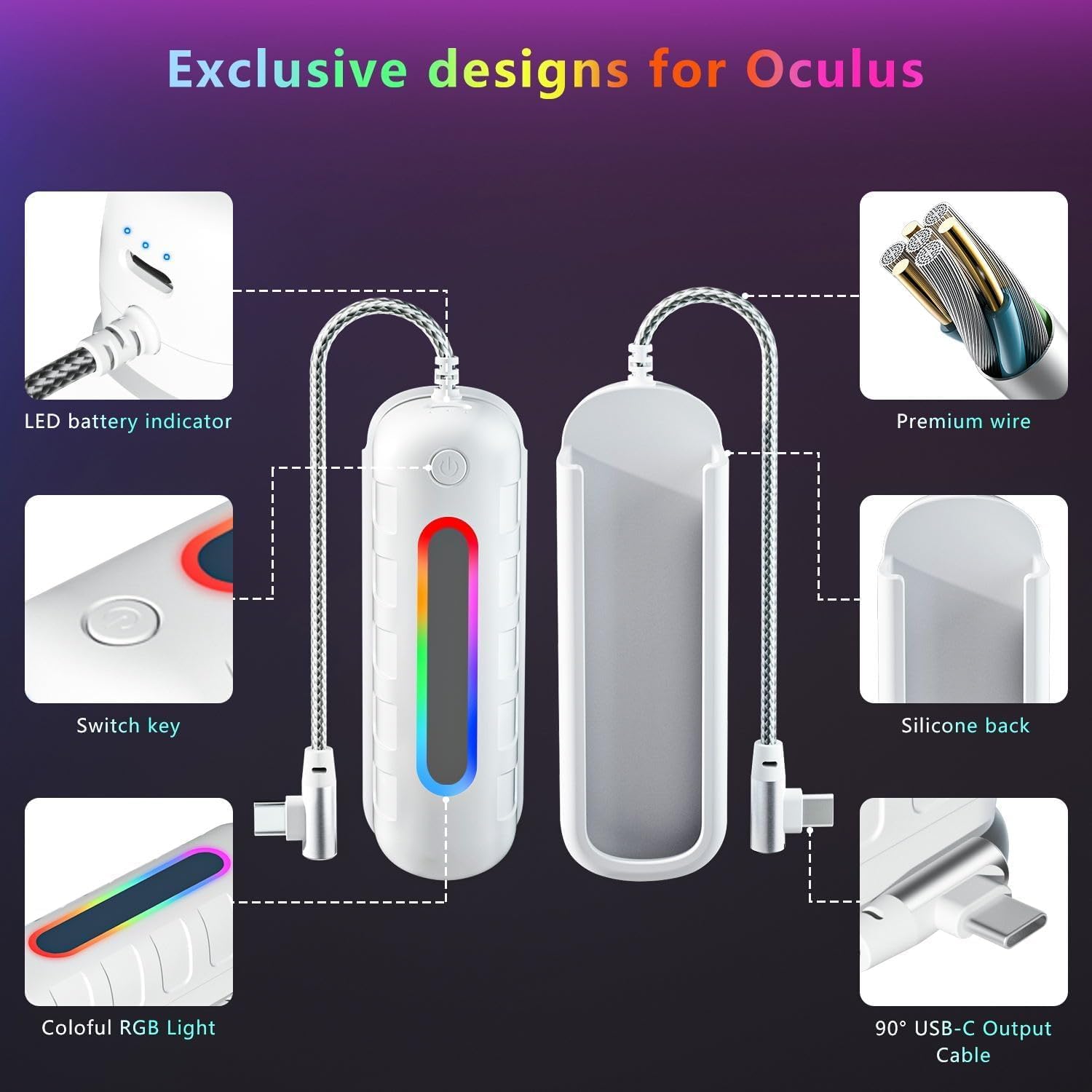 Battery Pack for Meta Quest 2/3/3s, 5000mAh Extended Power with Multi-Colors RGB Lights, Lightweight and Portable VR Extend Power Accessories for Extra 2-4H Playtime - Image 7