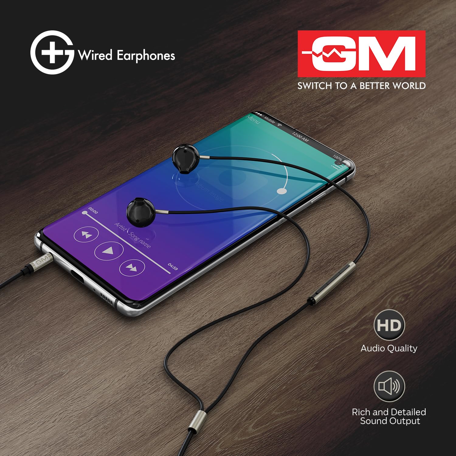 GM G+ Wired Earphone 14mm Dynamic Drivers, Built-in Mic, Stable, HD Calls,Half-in Ear Design,Inline Calling Mic Volume Control Lightweight TPE Wire - Image 3